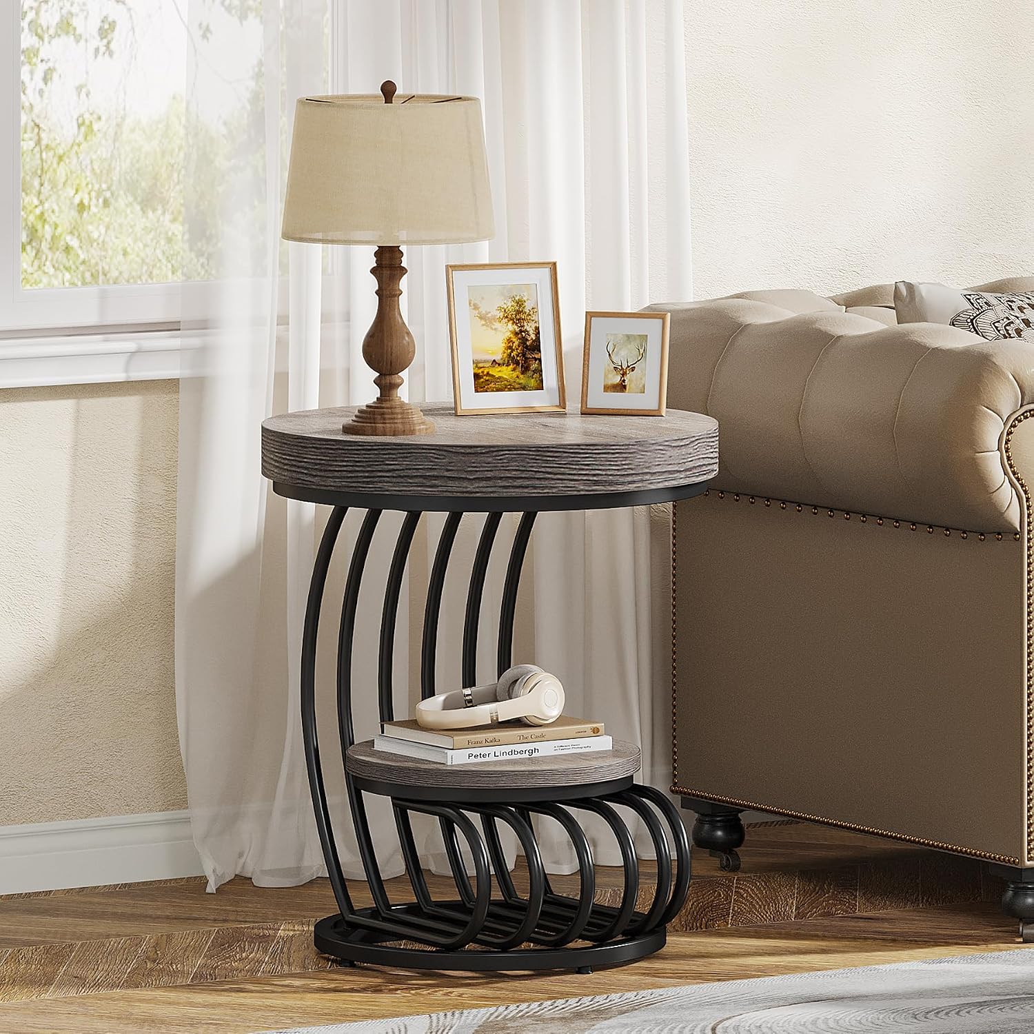 Tribesigns Round End Table Set of 2, 2-Tier Farmhose Wood Side Table with Shelf Storage, Small Sofa Side Bedside Nightstand, Accent Furniture for Living Room, Grey