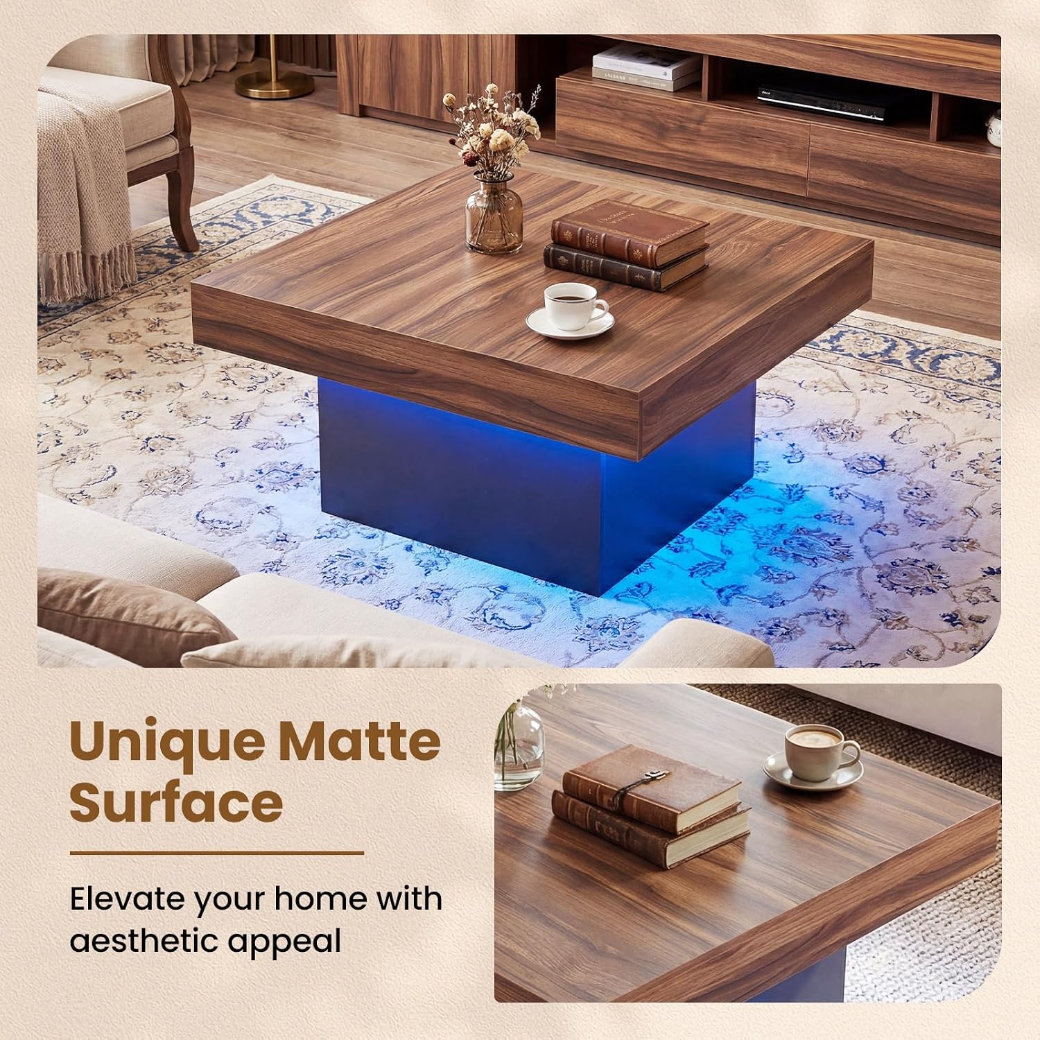 GOFLAME LED Coffee Table for Living Room, 35.5' Square Center Table with Storage, Adjustable Light Colors, Speed & Brightness, Remote Control, Farmhouse, Wooden Accent Tea Tables (Rustic Brown)
