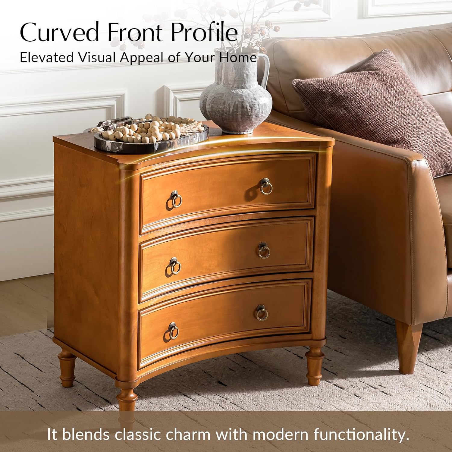 HULALA HOME 3 Drawer End Tables Set of 2 with Charging Station, 26' Wide Endtables with Solid Wood Legs and Curved Profile, Classic Side Tables for Living Room, Acorn