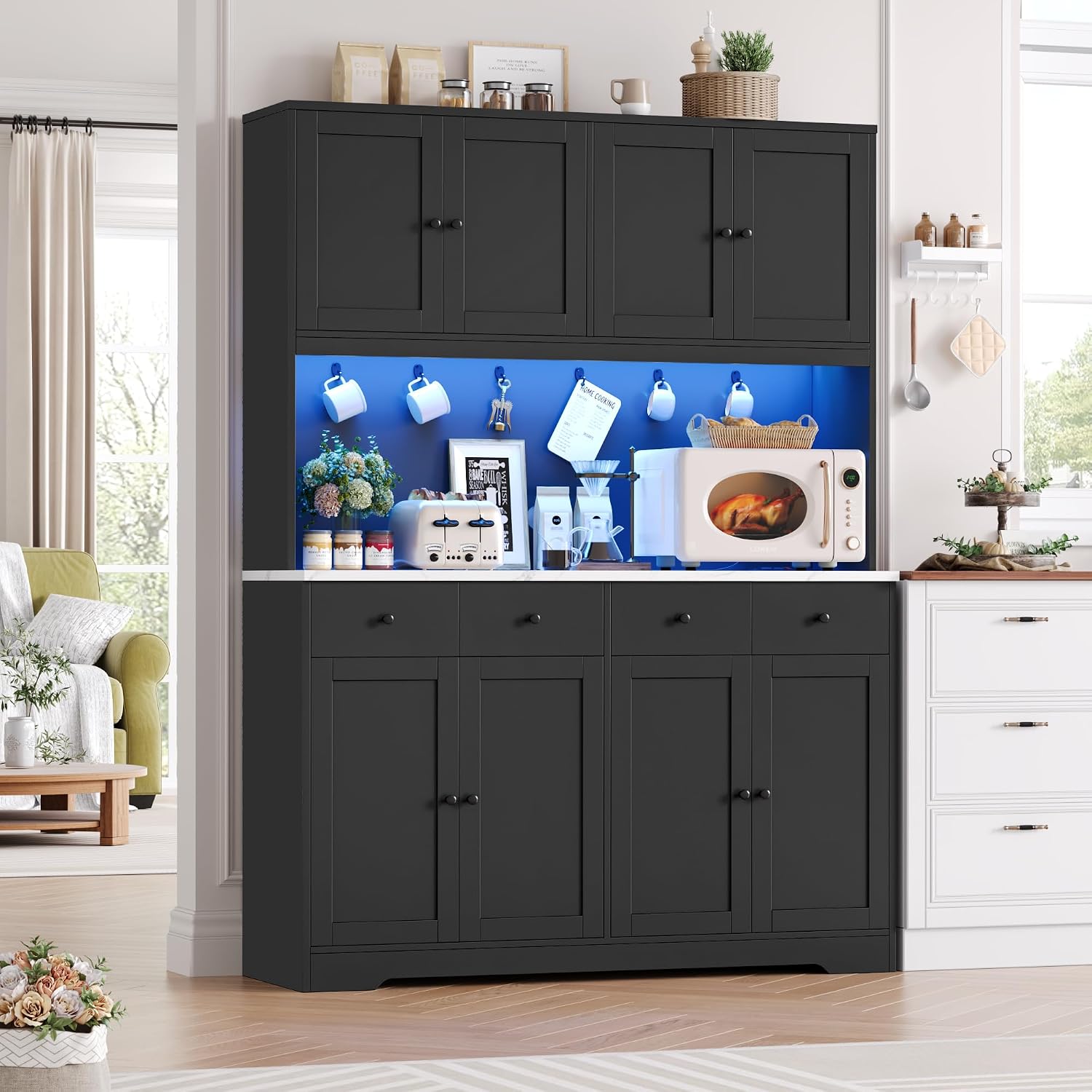 HIFIT 72' LED Kitchen Pantry Cabinet with Power Outlet & Cup Hook, Tall Kitchen Hutch Storage Cabinets w/Marble-Patterned Countertop Microwave Stand, Food Pantry w/Door for Dining Living Room, Black