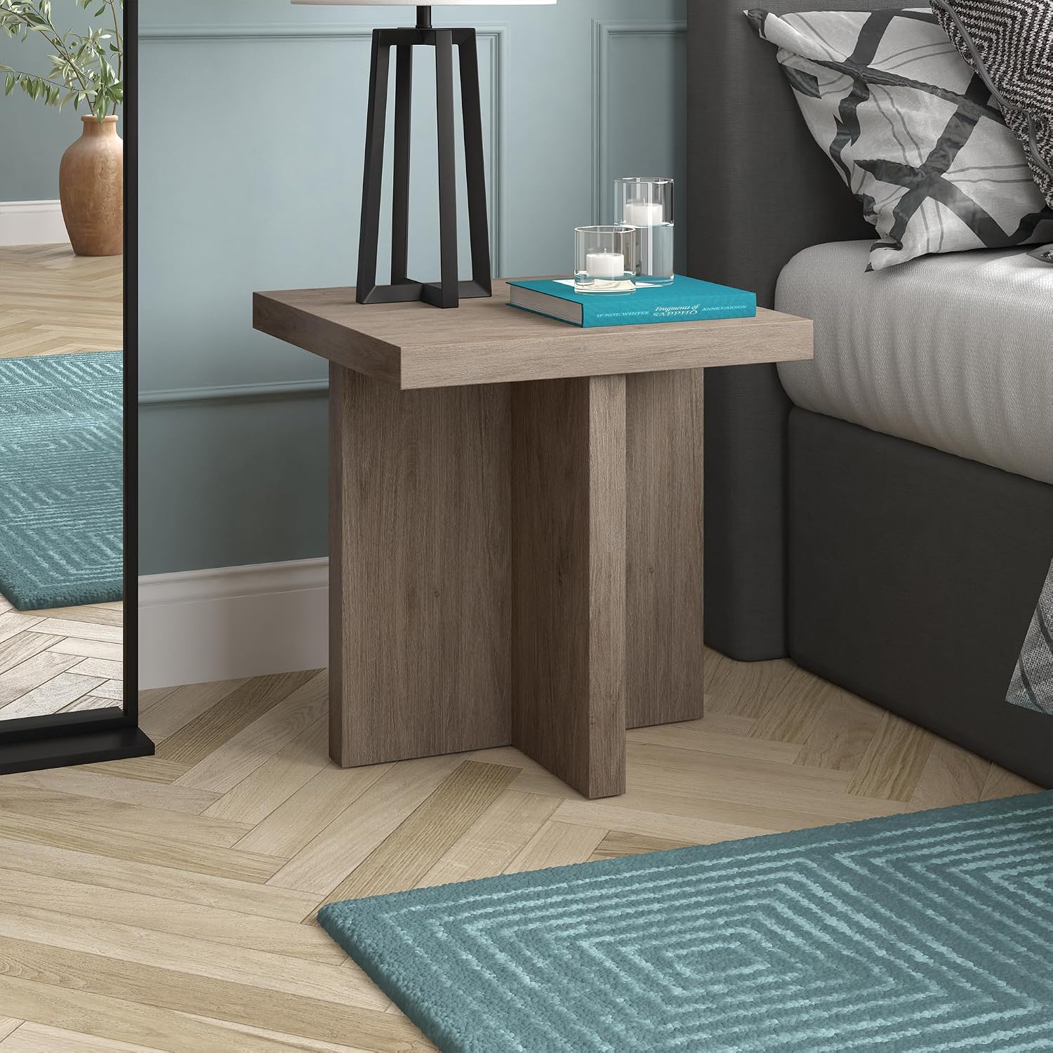 Henn&Hart 22' Scandinavian Square Wooden End Table, Side Table, Nightstand with X-Base for Living Room, Office, Family Room, or Bedroom, Weathered Gray