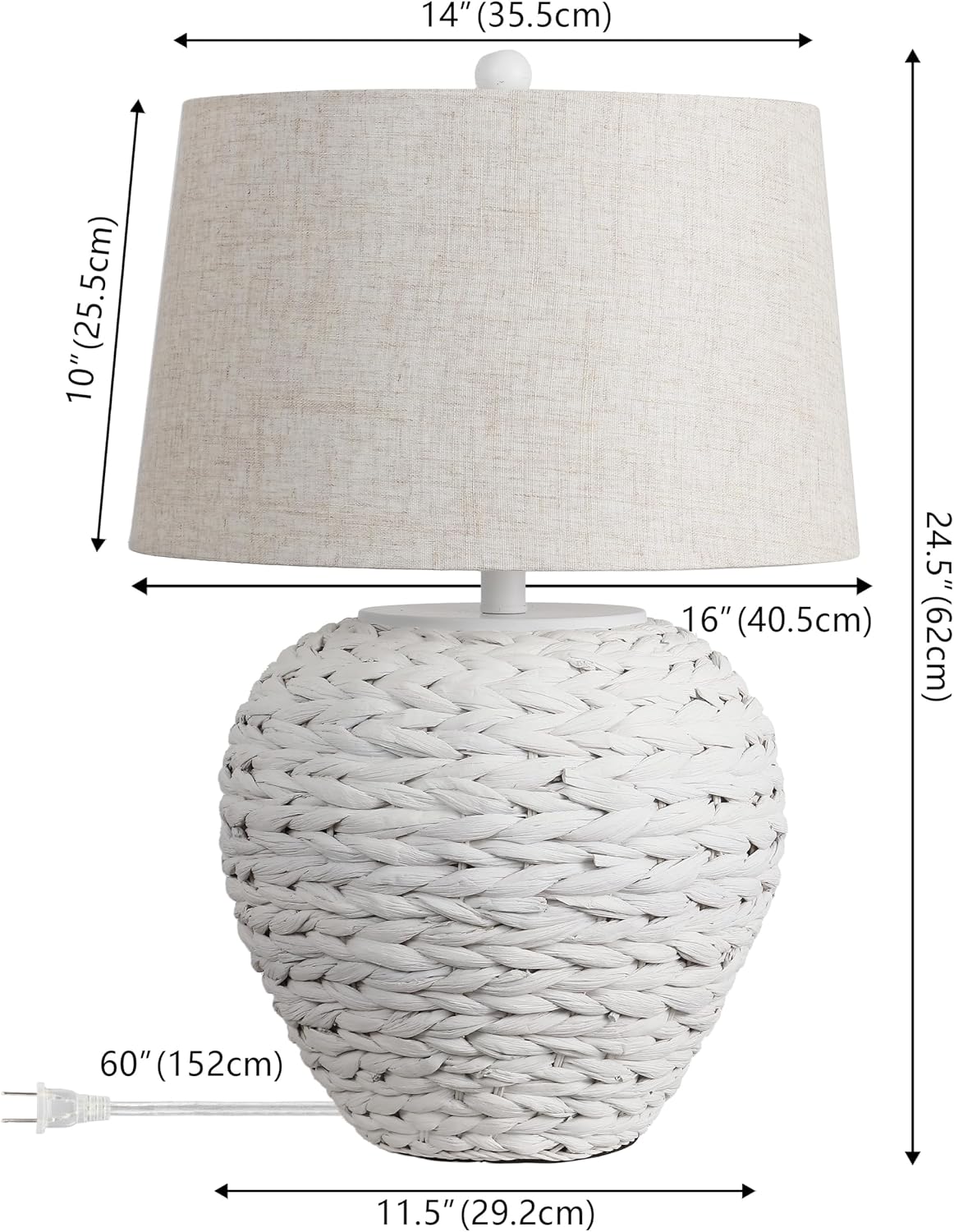 JONATHAN Y 24.5' White Water Hyacinth Farmhouse Basket Table Lamp, Coastal Decor for Living Room Bedroom Nightstand, Light Gray Linen Shade, LED Bulb Included (JYL6501C)