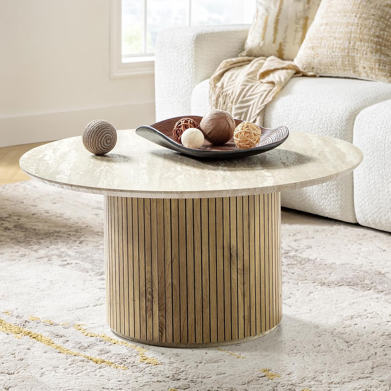 HULALA Home Round Coffee Table, Modern Wooden Coffee Table with Sturdy Base, Coffee Table for Living Room and Lounge Room, Lime