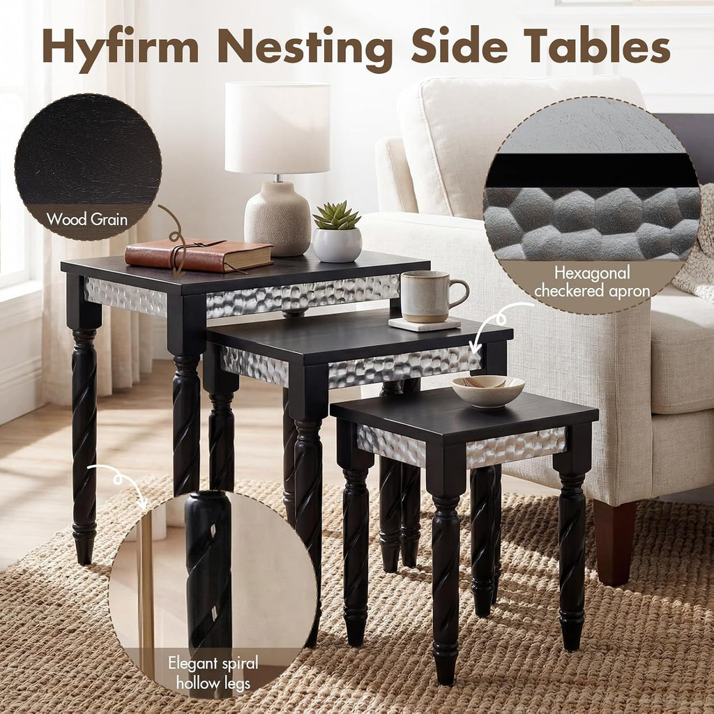 Hyfirm Black Nesting Tables Set of 3 - Mid Century Modern Accent End Tables with Durable Veneered Top, Spiral Wood Legs & Hexagonal Silver Apron, Ideal for Living Room, Bedroom & Small Apartments
