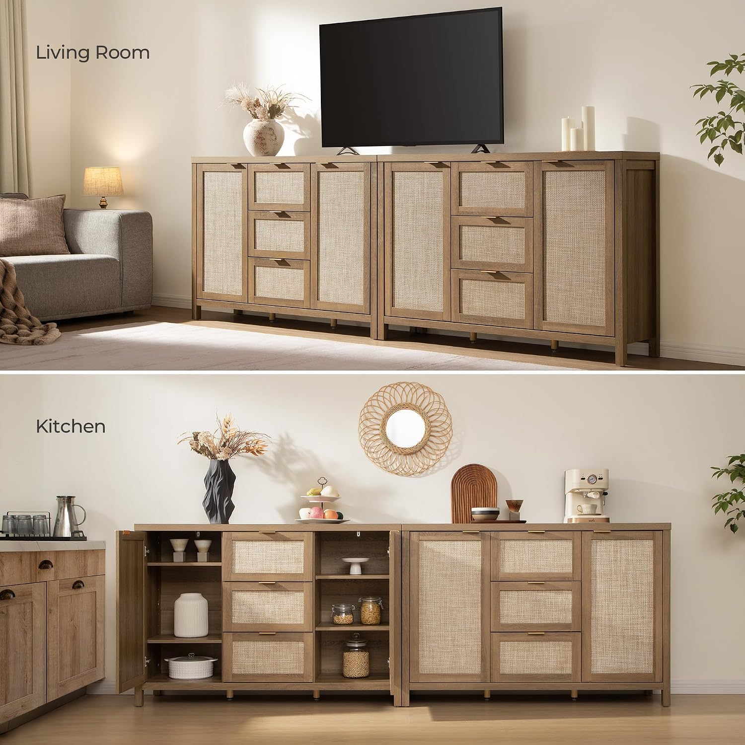 SICOTAS 52' Larger Sideboard Buffet Coffee Bar Cabinet with Storage - Farmhouse Rattan Credenza Storage Cabinet with 3 Drawers and 2 Doors, Boho Console Table for Living Room, Kitchen, Light Oak