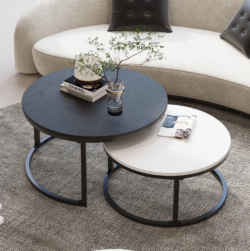 WiberWi Round Coffee Table, Nesting Tables Set of 2, Large : Ø 34.0', Small : Ø 26.0', Modern Design Furniture Side End Table for Living Room, Metal Frame Sofa Table Cocktail Table, Black & White