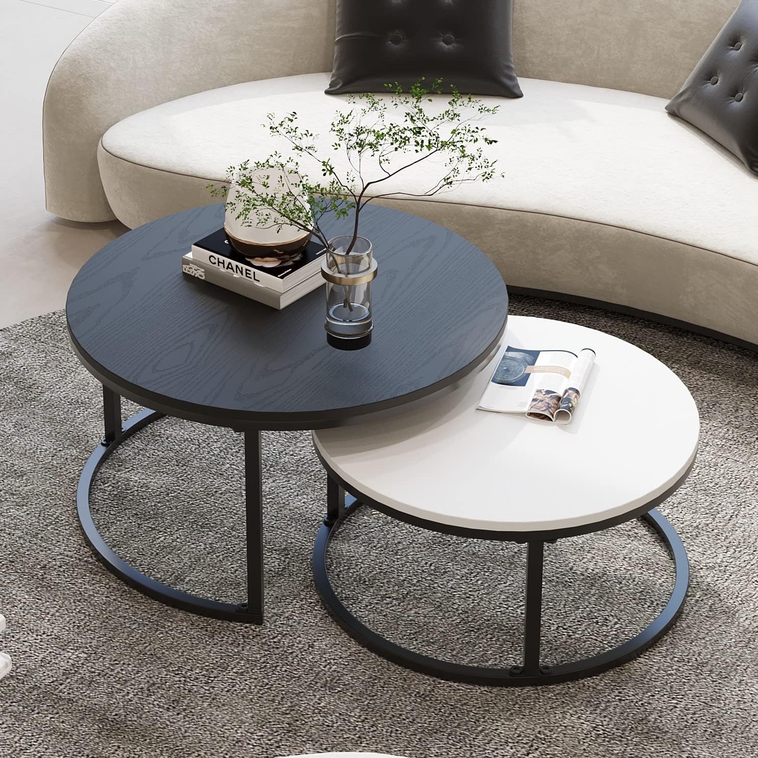 WiberWi Round Coffee Table, Nesting Tables Set of 2, Large : Ø 34.0', Small : Ø 26.0', Modern Design Furniture Side End Table for Living Room, Metal Frame Sofa Table Cocktail Table, Black & White