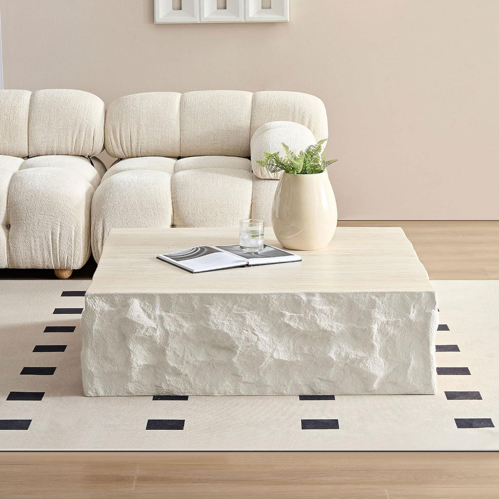 Square Coffee Table for Living Room Modern Center Table for Apartment, No Need Assembly (Fiberglass 35.43'' Cement Stone Pattern)