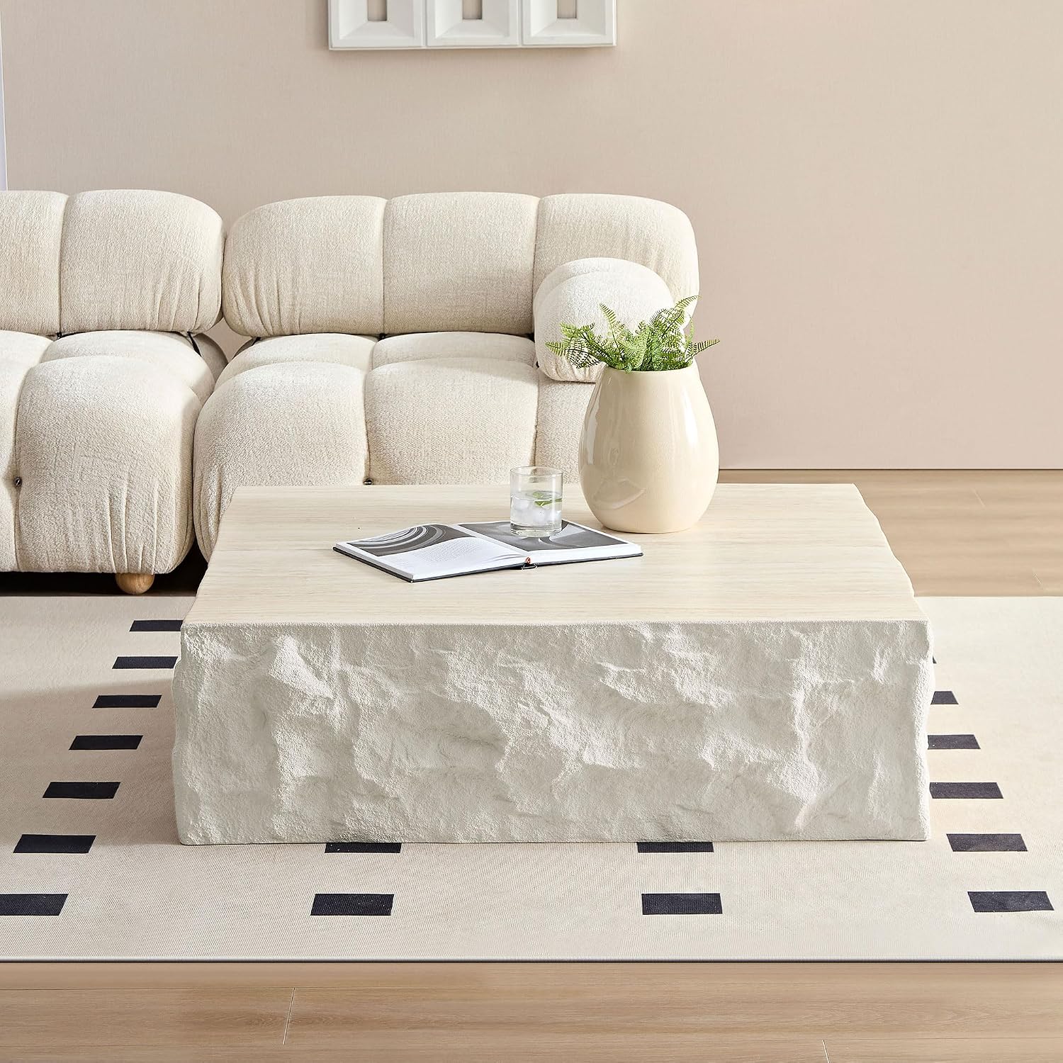 Square Coffee Table for Living Room Modern Center Table for Apartment, No Need Assembly (Fiberglass 35.43'' Cement Stone Pattern)