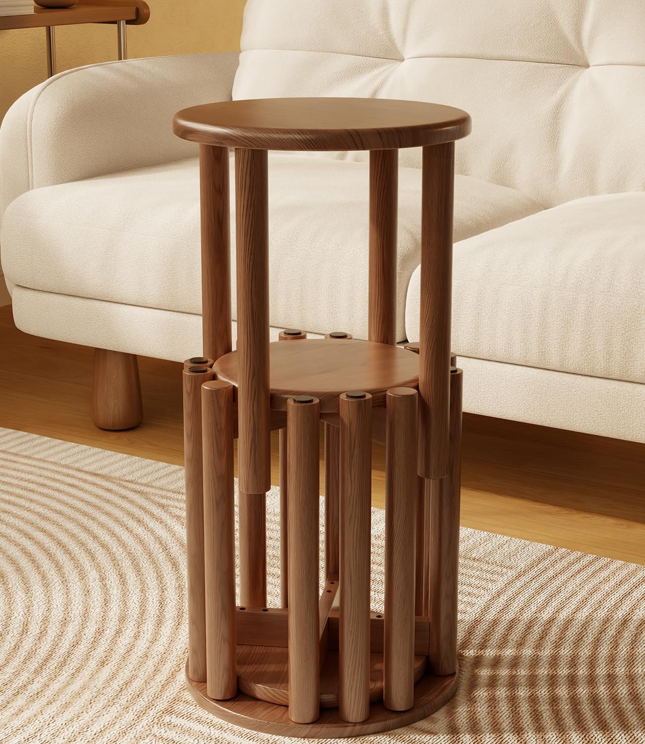 Solid Wood Stackable Stools Set of 4, 100% Wooden Stool No Installation Required Walnut Side Table Multifunctional Space Saving 18 Inch Round Stool Modular Interlocking Coffe Table for Living Room