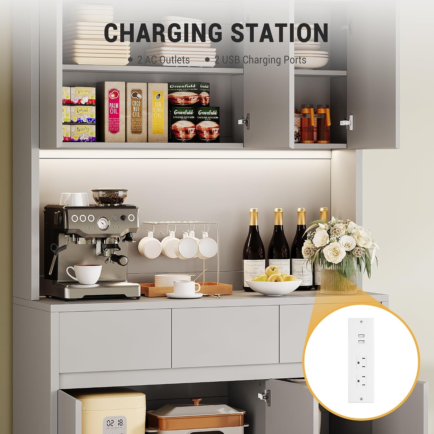71' Kitchen Pantry Cabinet,Tall Storage Cabinet with Doors & Shelves Adjustable, Kitchen Storage Hutch with Microwave Shelf,Coffee Bar,Led Lights&Charging Station,Corner Pantry Cabinet for Living Room