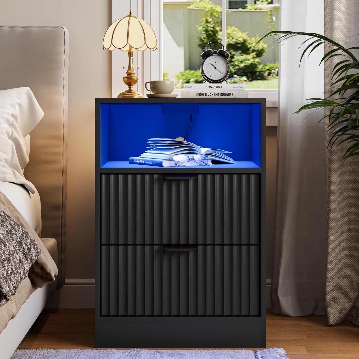 Black Night Stand Set 2, LED Nightstand with Charging Station,Wood Side Table Living Room,Fluted NightStands with 2 Drawers, End & Bedside Tables for Bedroom Sofa Office