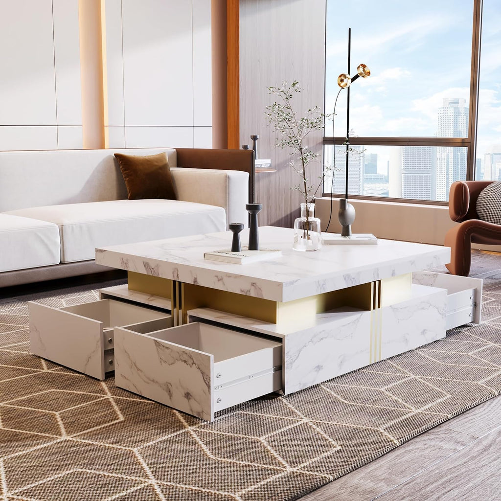 Merax Modern White and Gold Square Coffee Table with 4 Drawers, Ample Hidden Storage, Durable MDF Construction, Sleek Accent End Table for Living Room, Lounge, and Apartment Decor, White