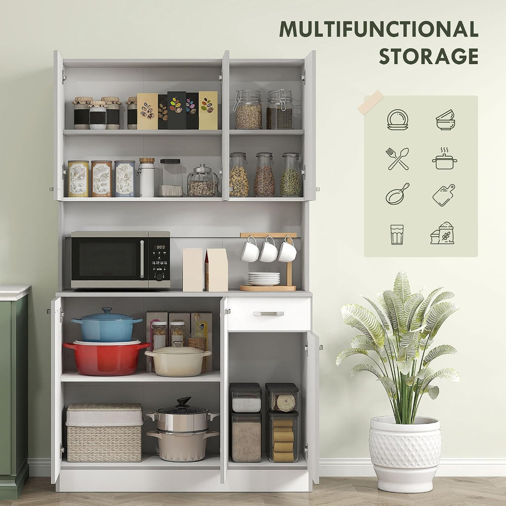 HOMCOM 71' Kitchen Pantry Cabinet with Microwave Stand, White | Tall Storage Cabinet, Buffet with Hutch, 6 Doors, Storage Drawer, 3 Adjustable Shelves