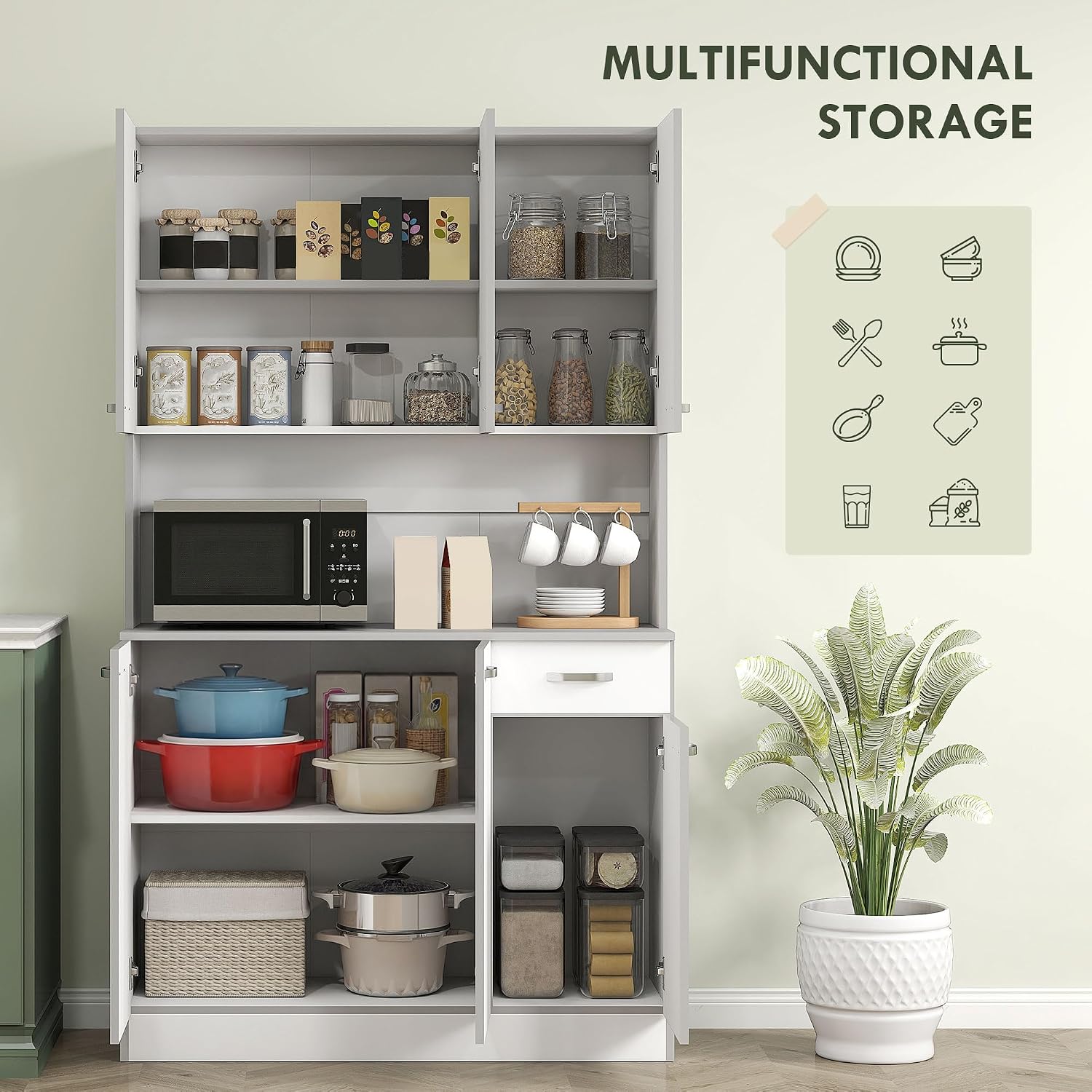 HOMCOM 71' Kitchen Pantry Cabinet with Microwave Stand, White | Tall Storage Cabinet, Buffet with Hutch, 6 Doors, Storage Drawer, 3 Adjustable Shelves