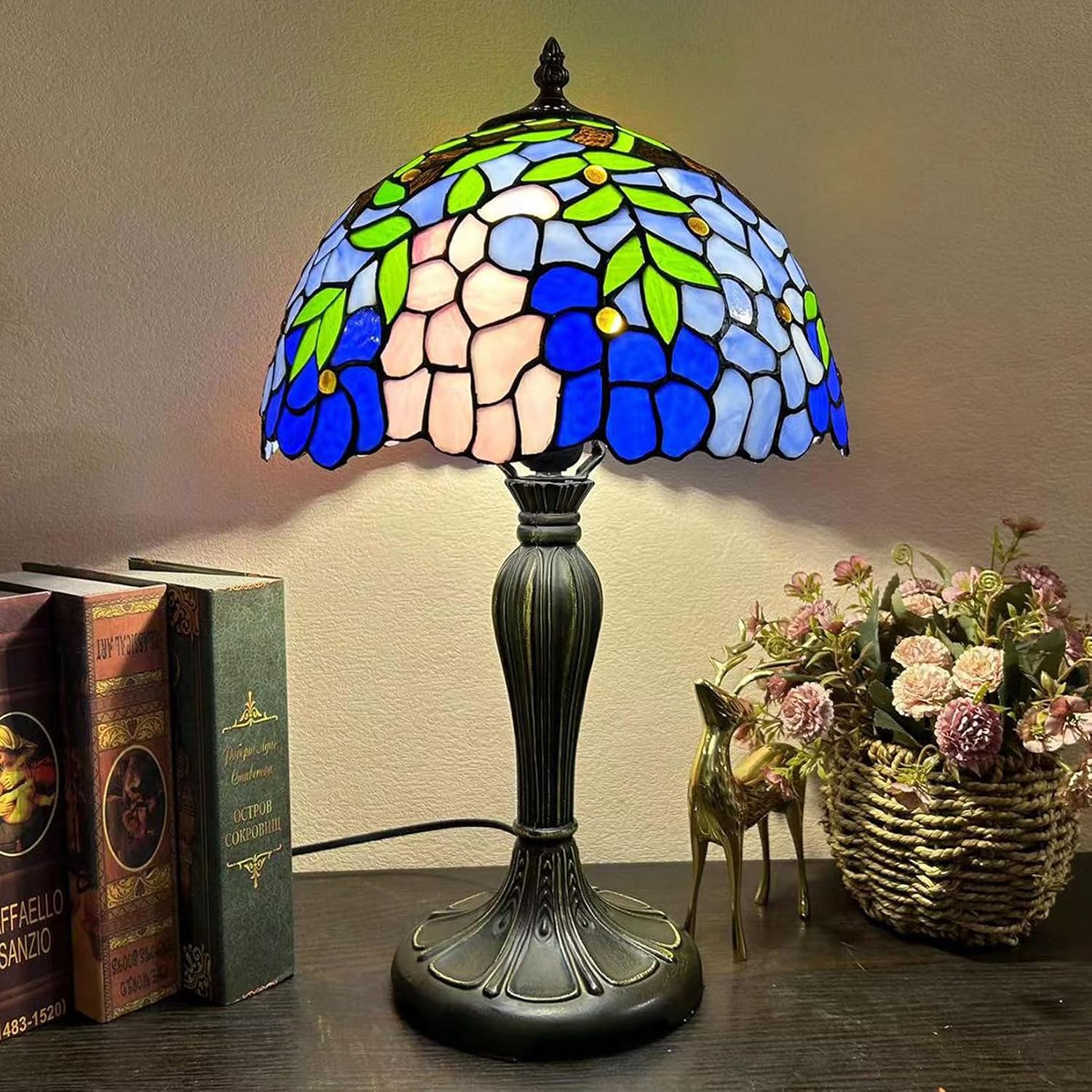 12-Inch Wisteria Lamp Shade Replacement, Tiffany Style Stained Glass Lampshades, Retro Blue Green Leaf Light Cover Accessories Only for Table lamp Pendant Lights Ceiling Light,Pink