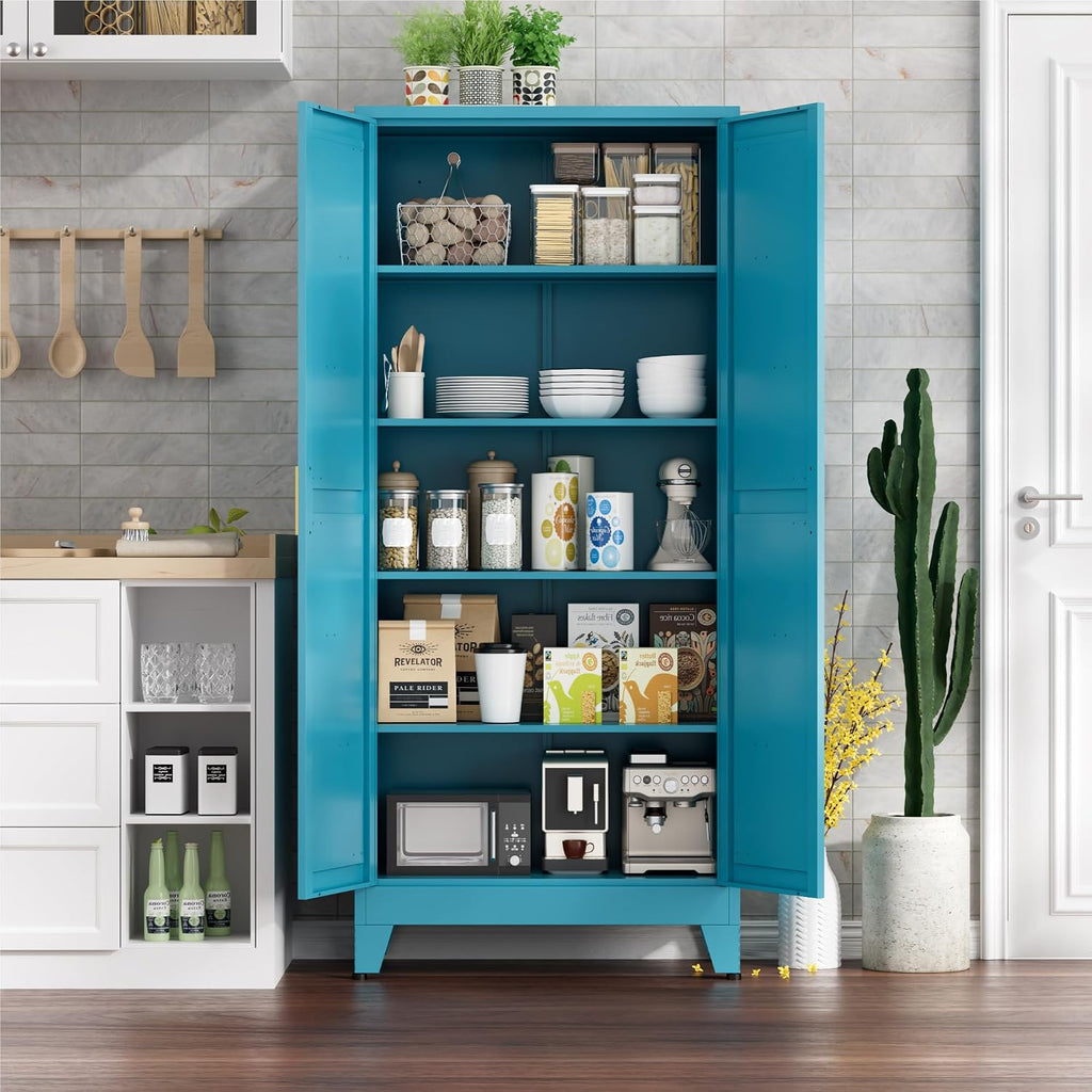 Farmhouse Pantry Cabinet with Barn Doors, 71' H x 31.5' W, 5-Tier Metal Storage Cabinet with 4 Adjustable Shelves for Kitchen Garage Dining Room,Blue 1 Pack