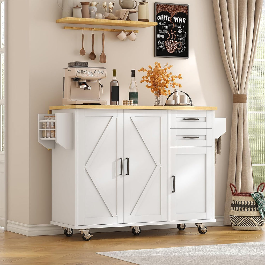 VVFLU Rolling Kitchen Island On Wheels, Kitchen Island Cart with Drop Leaf Countertop, Barn Door Island Table with Storage Cabinet and 2 Drawer, 5 Wheels, Towel Rack and Spice Rack, White