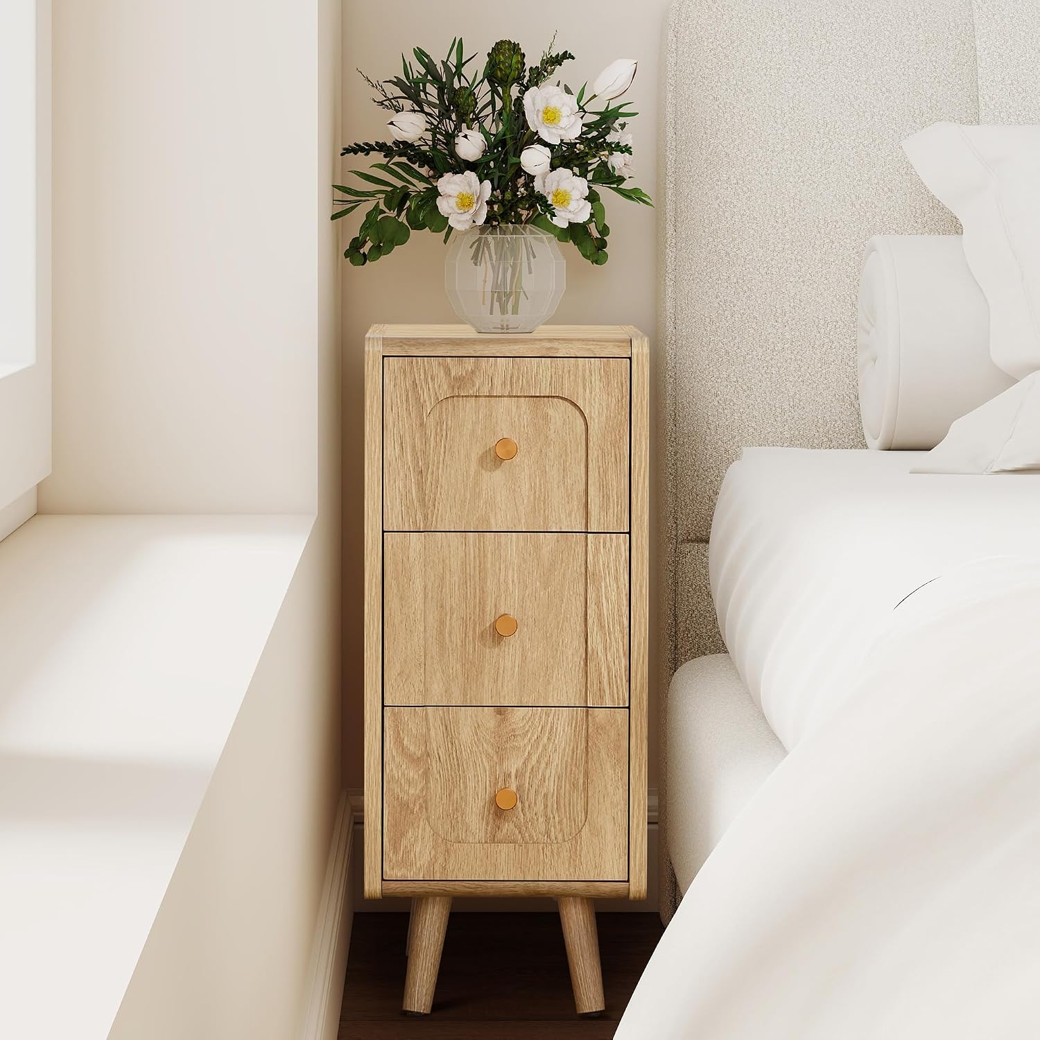 Small Nightstand Set of 2, Narrow Nightstand Slim Couch Side Table with Drawers, Wood End Tables with Storage for Living Room, Bedroom, Small Spaces (Natural-2pcs)