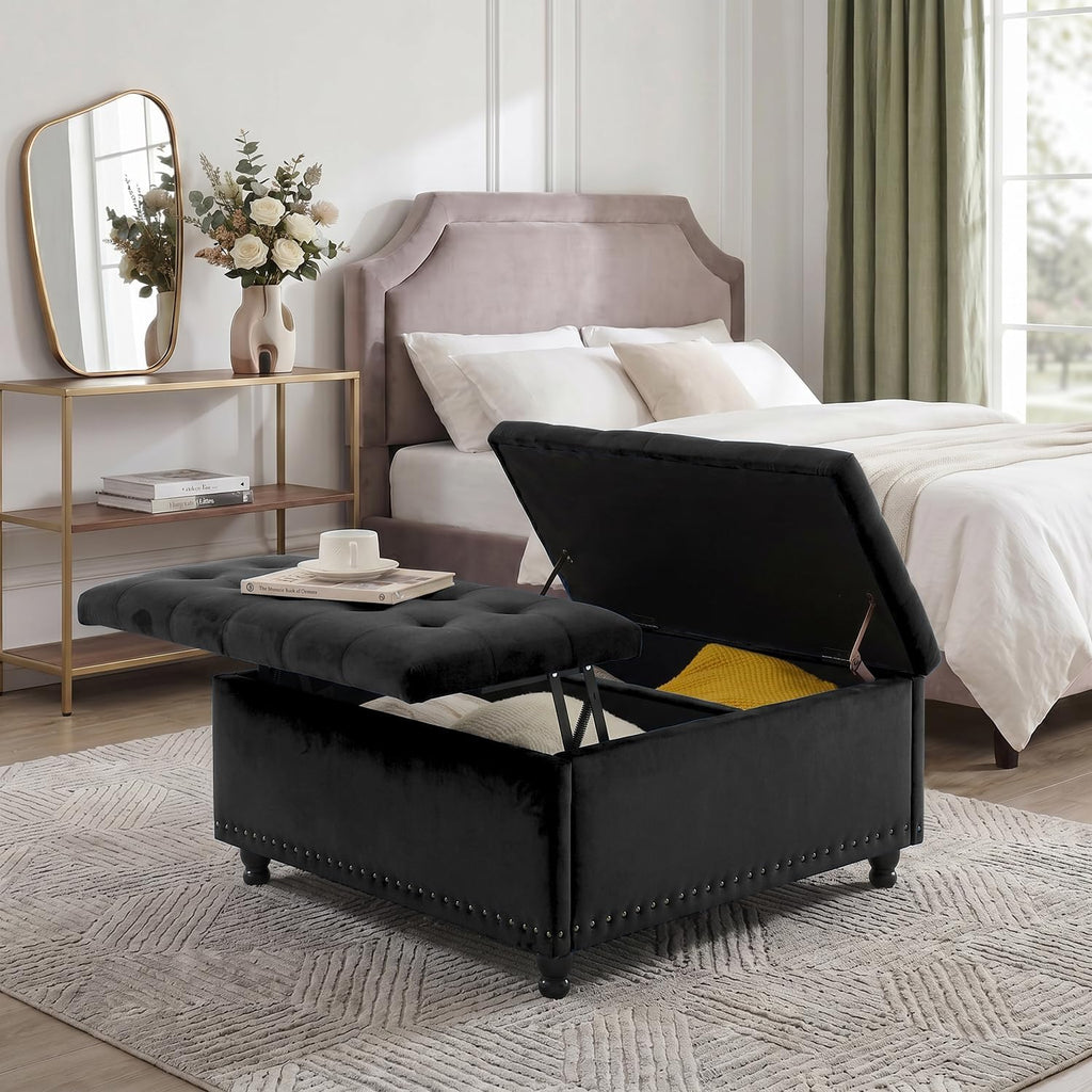 Tbfit Large Square Storage Ottoman Bench, Tufted Upholstered Coffee Table Ottoman with Lift Top & Wooden Legs, Oversized Storage Ottomans Toy Box for Living Room (Black Velvet)