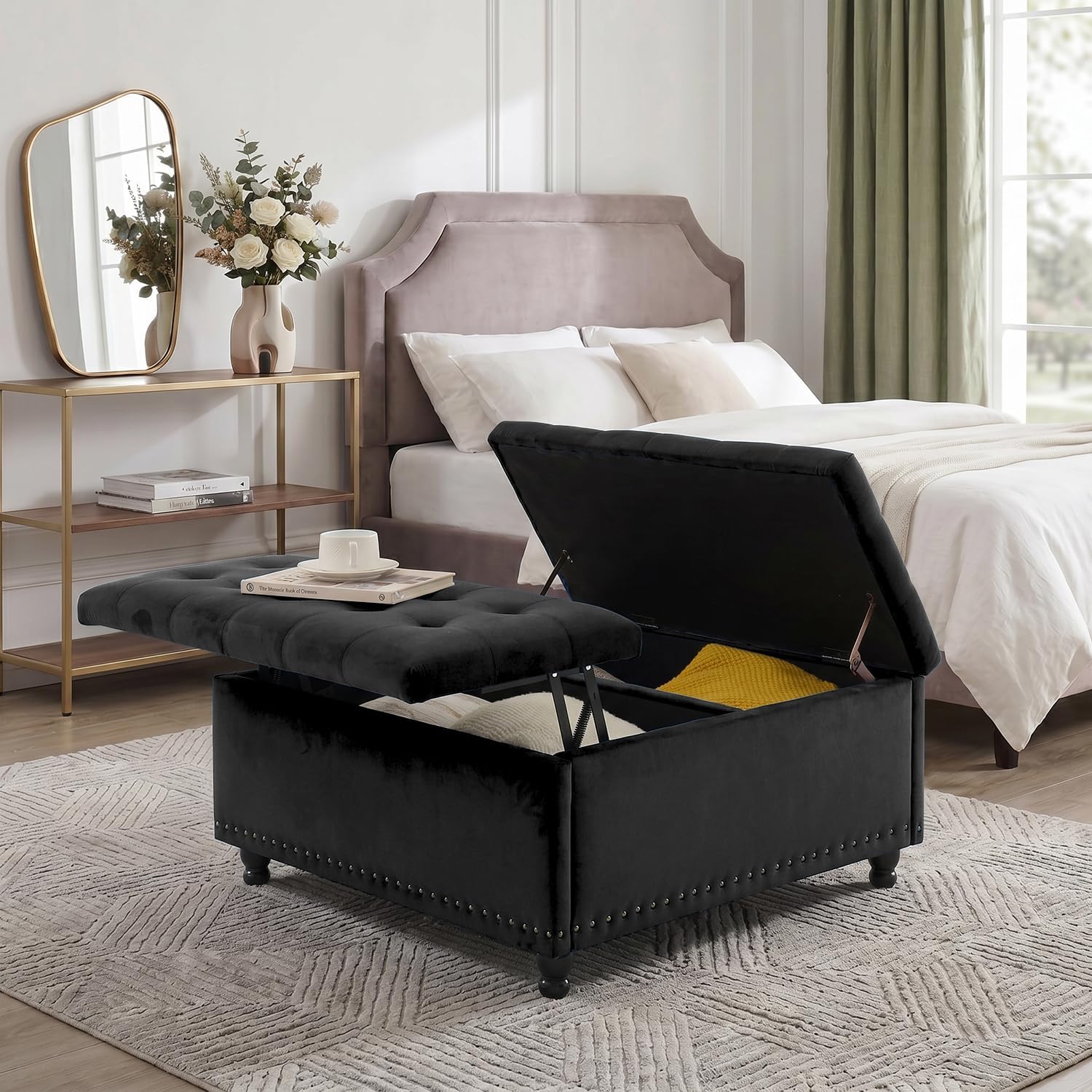Tbfit Large Square Storage Ottoman Bench, Tufted Upholstered Coffee Table Ottoman with Lift Top & Wooden Legs, Oversized Storage Ottomans Toy Box for Living Room (Black Velvet)
