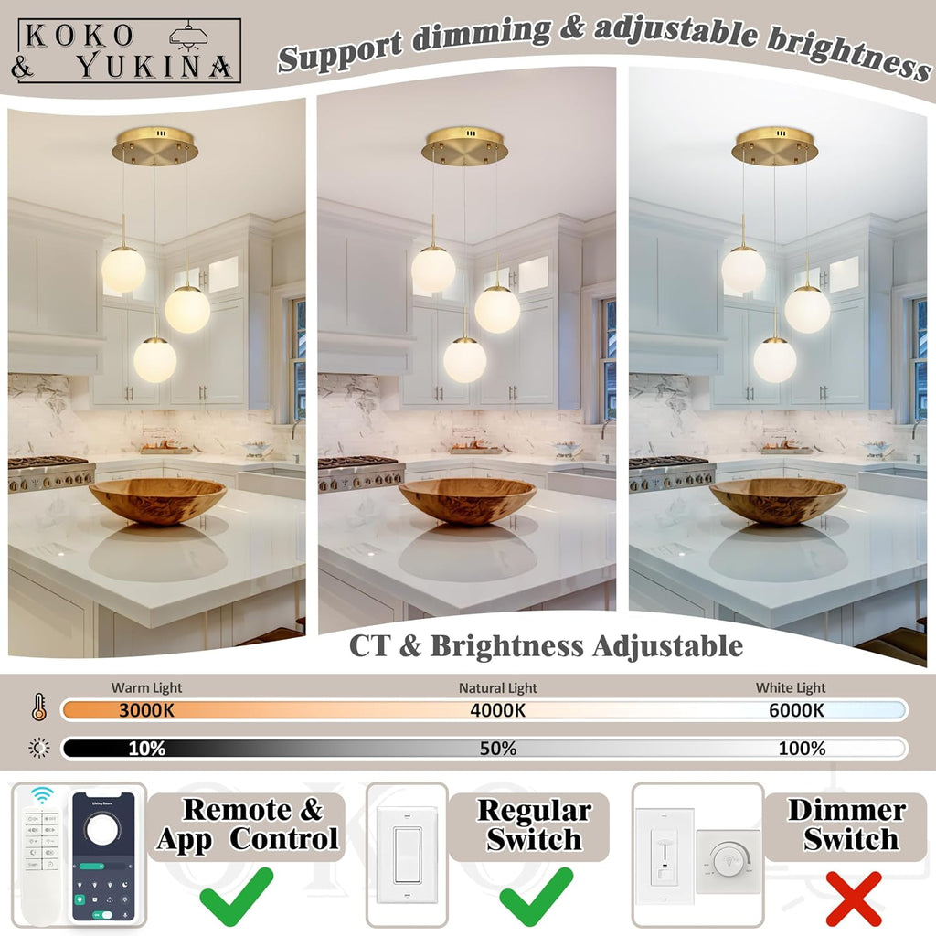 KoKo&Yukina 3 Light Globe Glass Pendant Light & 6 Inch Milk White Glass Globes Shade Frosted Replacement Glass Shades - 2.67' Fitter