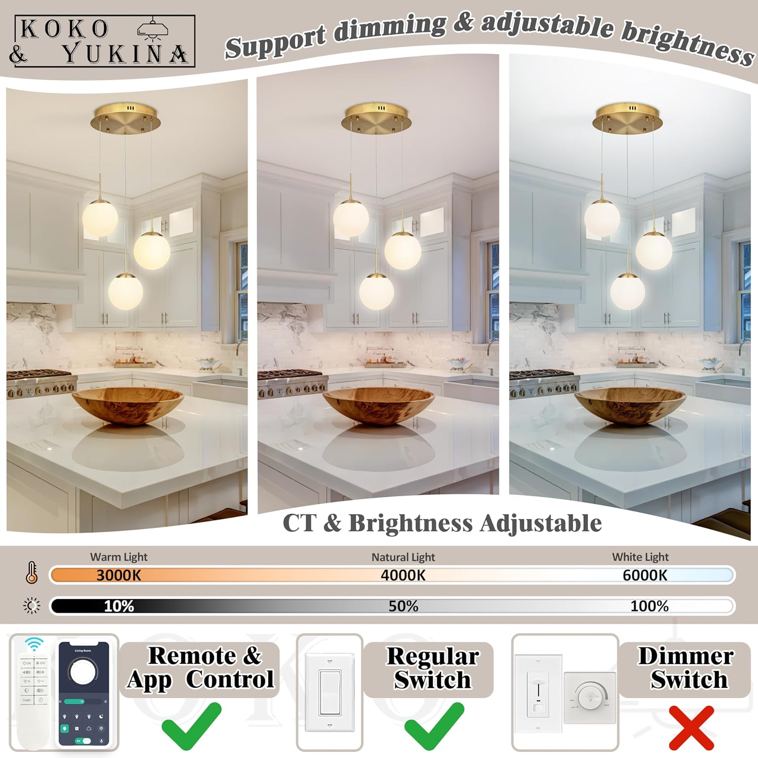 KoKo&Yukina 3 Light Globe Glass Pendant Light & 6 Inch Milk White Glass Globes Shade Frosted Replacement Glass Shades - 2.67' Fitter