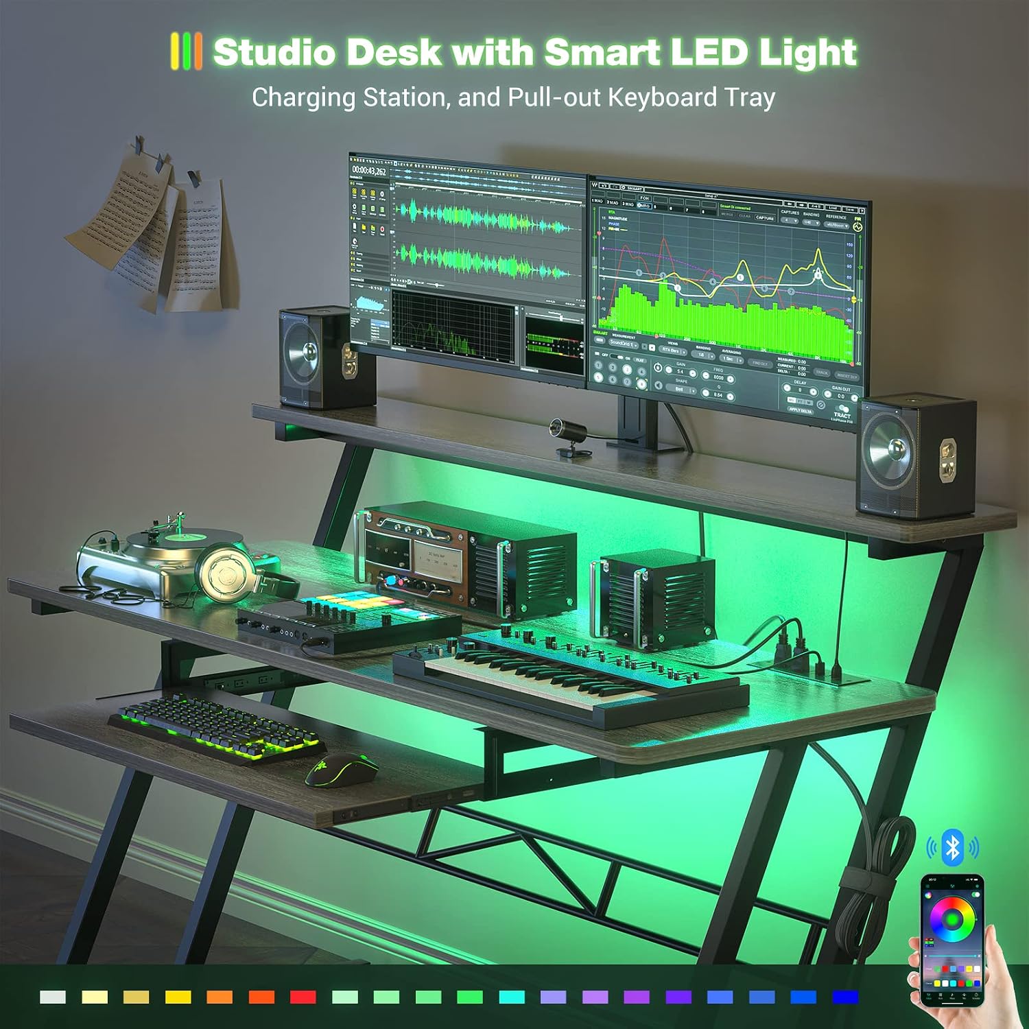 Armocity Music Studio Desk Production Workstation - Recording Studio Desk for Producer with Power Outlet & RGB LED Lights, Studio Workstation for Music Recording, Home Studio Table Desks, Grey Oak