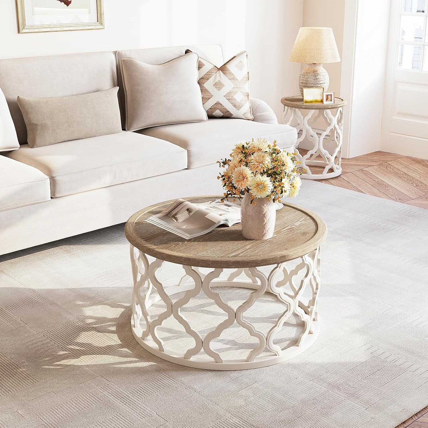 Farmhouse Coffee Table, French Country Round Coffee Table with Distressed Tray Top, Coastal Coffee Table with Curved Motif Frame Base, Boho Center Table for Living Room, Dining Room, Bedroom, Beige