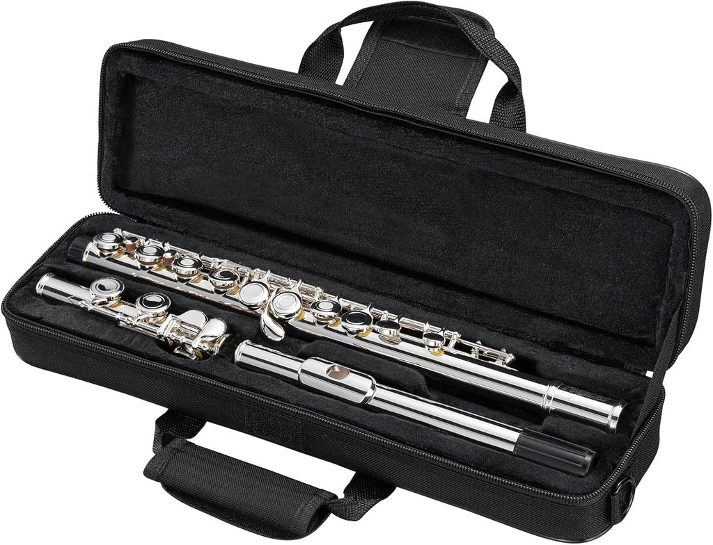 POGOLAB Open Hole C Flute, 16 Keys Student Flute Instrument for Beginner Advanced Player, with Carry Bag, Strap, Gloves, Adjustment Screwdriver, Cleaning Kit (Open/Closed Hole, Silver Plated)