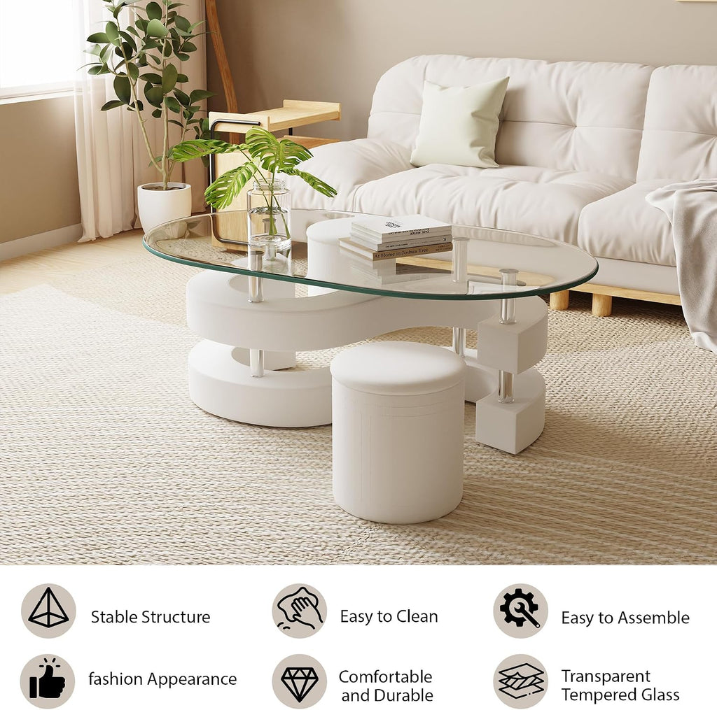 Oval Glass Coffee Table Set of 3, 0.39' Tempered Glass Top and S Shape Base, Modern Center Table with 2 Leather Stools, Accent Coffee Tables for Living Room Bedroom, White, 49.21'L x 27.56'W x 17.72'H
