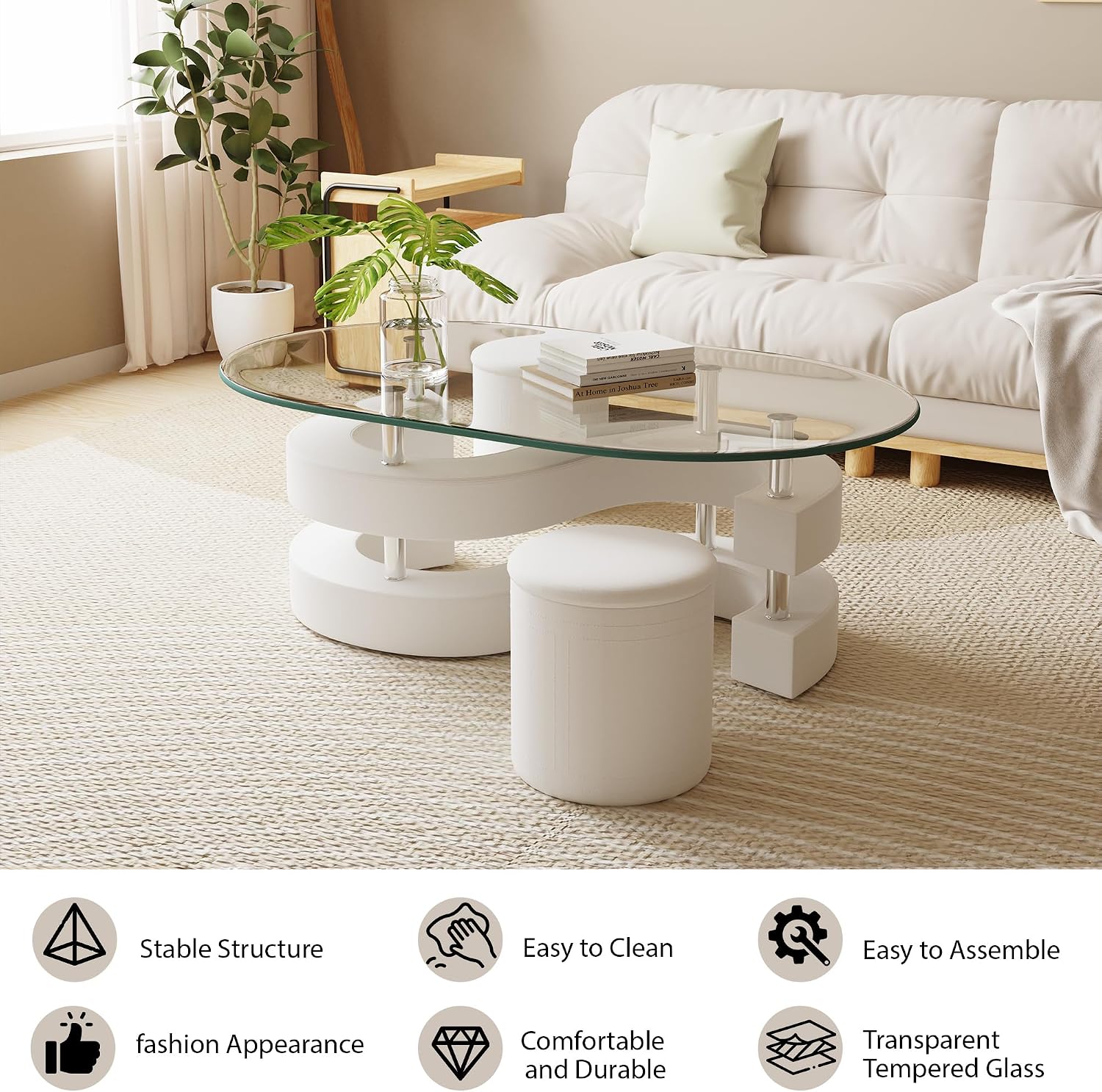 Oval Glass Coffee Table Set of 3, 0.39' Tempered Glass Top and S Shape Base, Modern Center Table with 2 Leather Stools, Accent Coffee Tables for Living Room Bedroom, White, 49.21'L x 27.56'W x 17.72'H