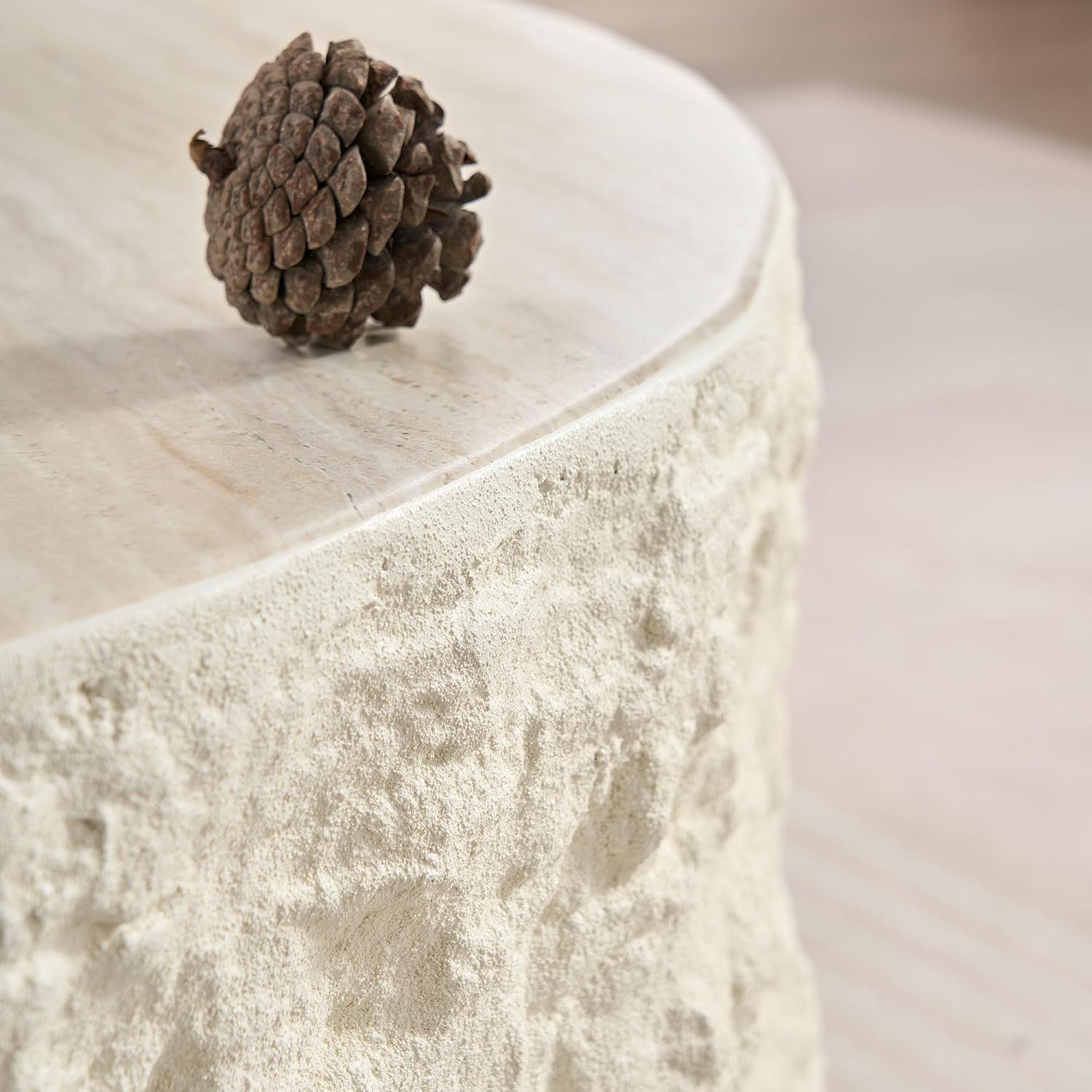 Round Coffee Table for Living Room Circle Coffee Table Modern Drum Center Table for Apartment, No Need Assembly (Fiberglass 35.43'' Cement Stone Pattern) | for Living Room
