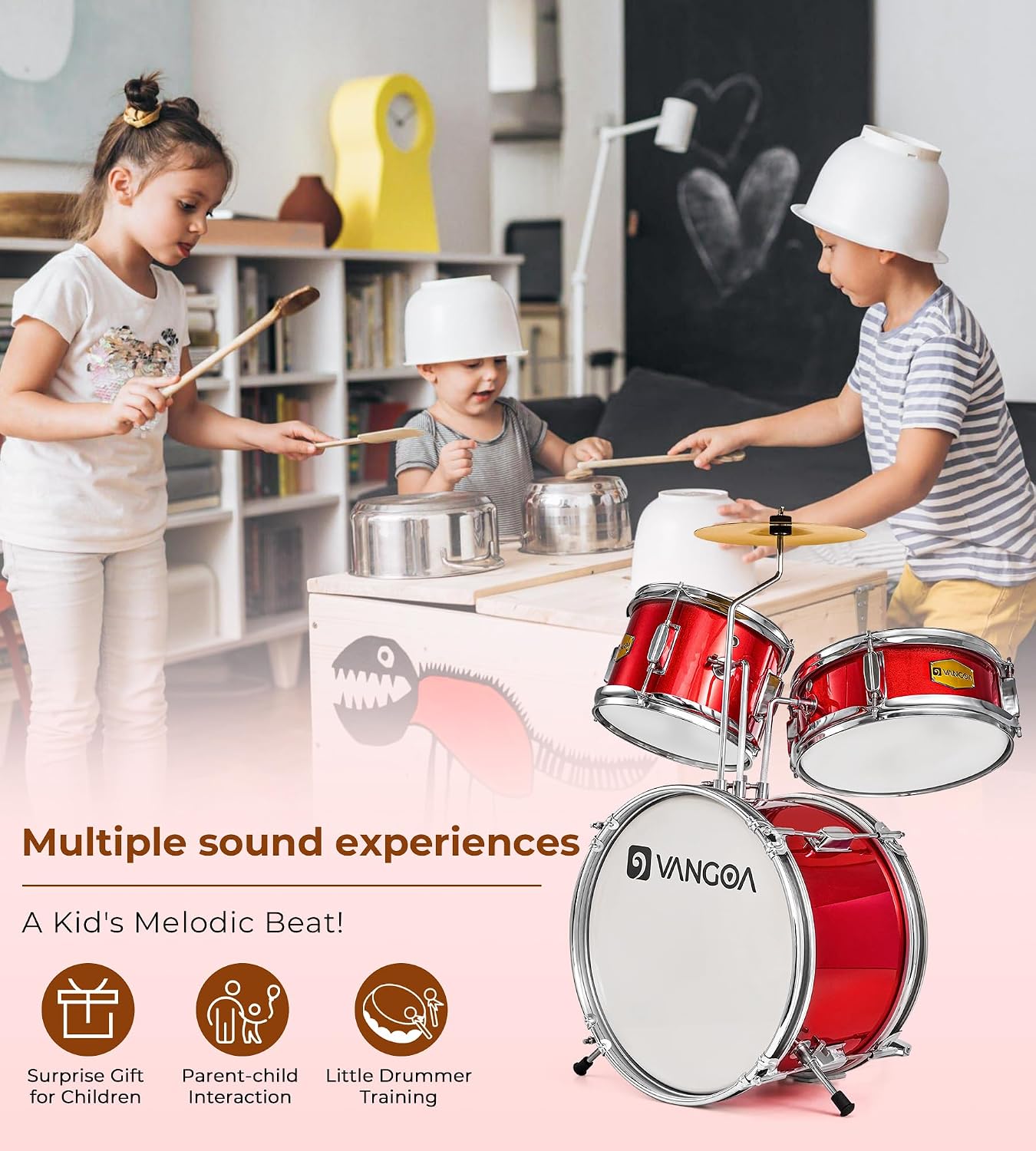 Kids Drum Set Vangoa 3-Piece Beginner, 14' Junior Drums Kit w/Bass Tom Snare drum, Adjustable Throne Cymbal Pedal & Drumsticks, Complete Starter Drumset Full Bundle for Children Boys Ages 3-12