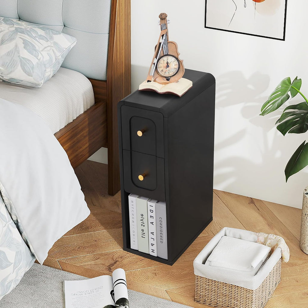 Small Nightstand Set of 2, Wooden Narrow Nightstands with 2 Drawers, Vintage Side End Table for Small Spaces, Skinny Night Stand, Bedside Table for Bedroom, Living Room (Black-2PCS)