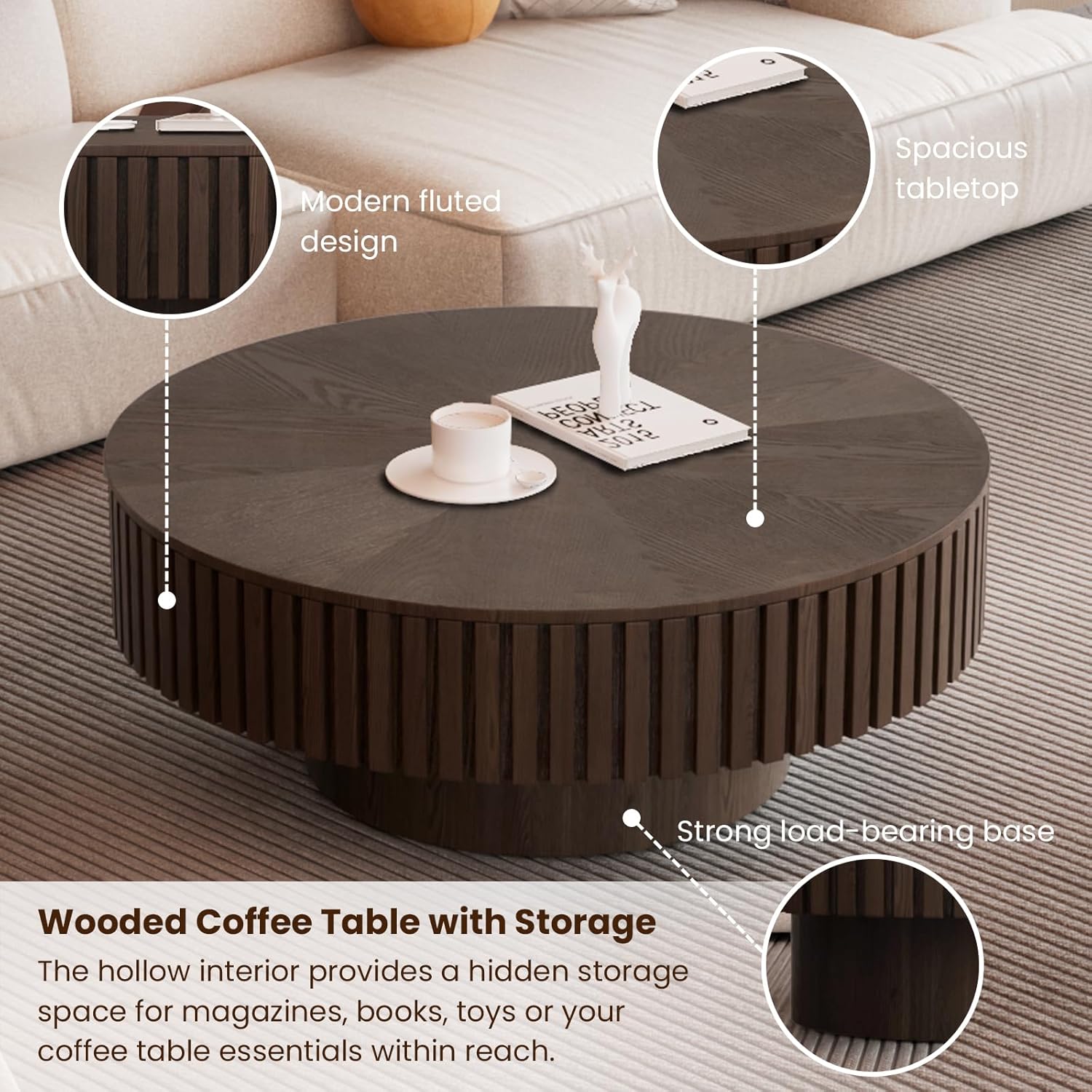 Round Drum Coffee Table with Storage for Living Room, Mid Century Modern Coffee Table with Sturdy Pedestal, Farmhouse Fluted Circle Center Table Accent Tea Table (31.5' Brown with Storage)