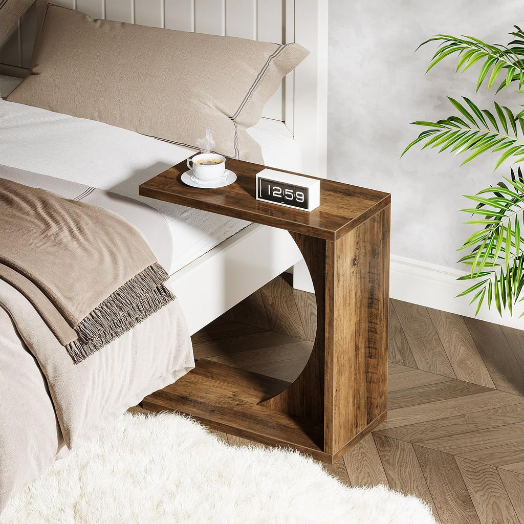 Tribesigns Set of 2 C-Shaped End Table for Couch, Small Bedside Table for Sofa, Wooden Nightstand for Living Room Bedroom Laptop Work Desk (2, Rustic Brown)