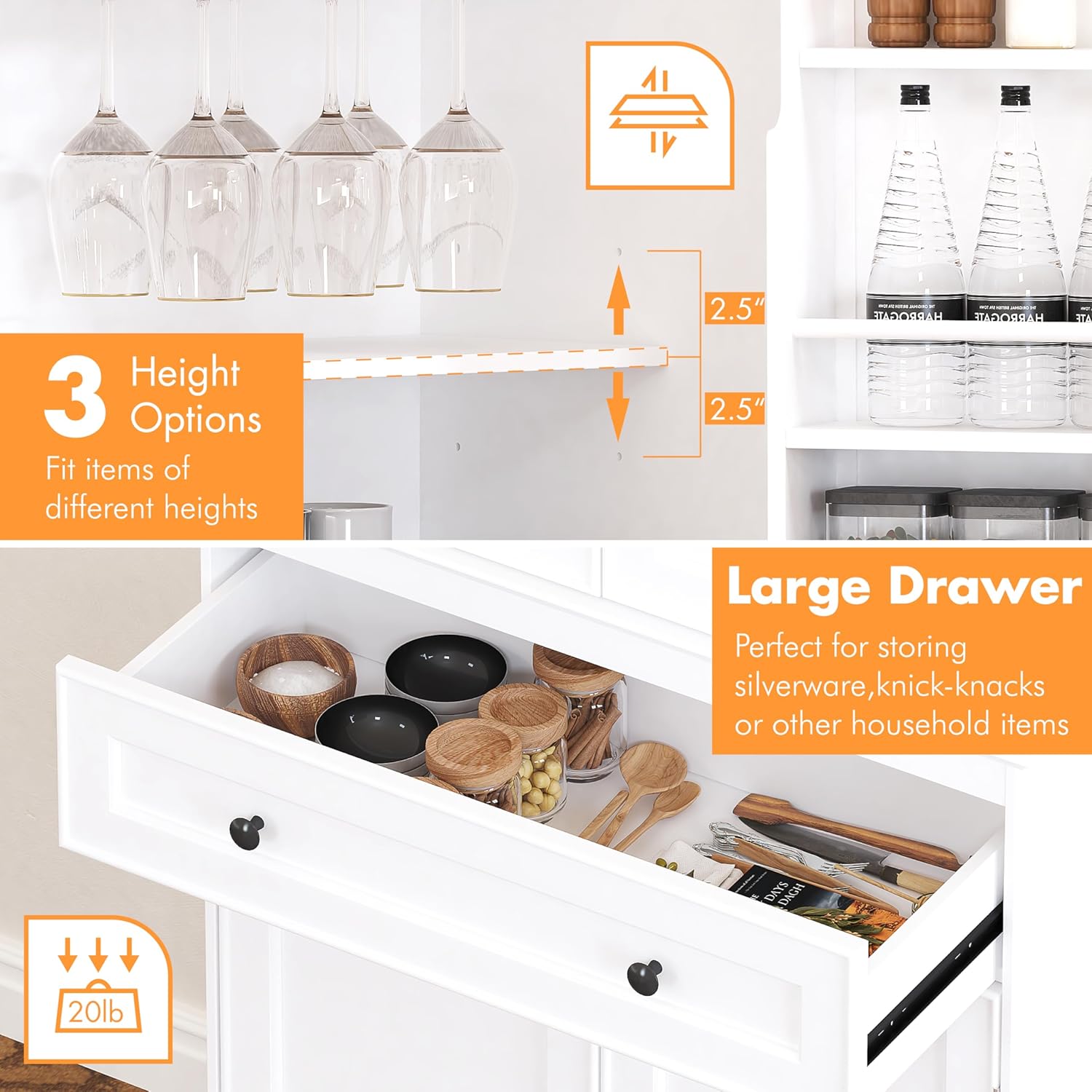 Spirich 71'' Tall Kitchen Pantry Cabinet, Wood Food Pantry Cabinet with Drawers and Wine Glass Rack, Freestanding Storage Cabinet for Kitchen, Living Room, Dining Room, White