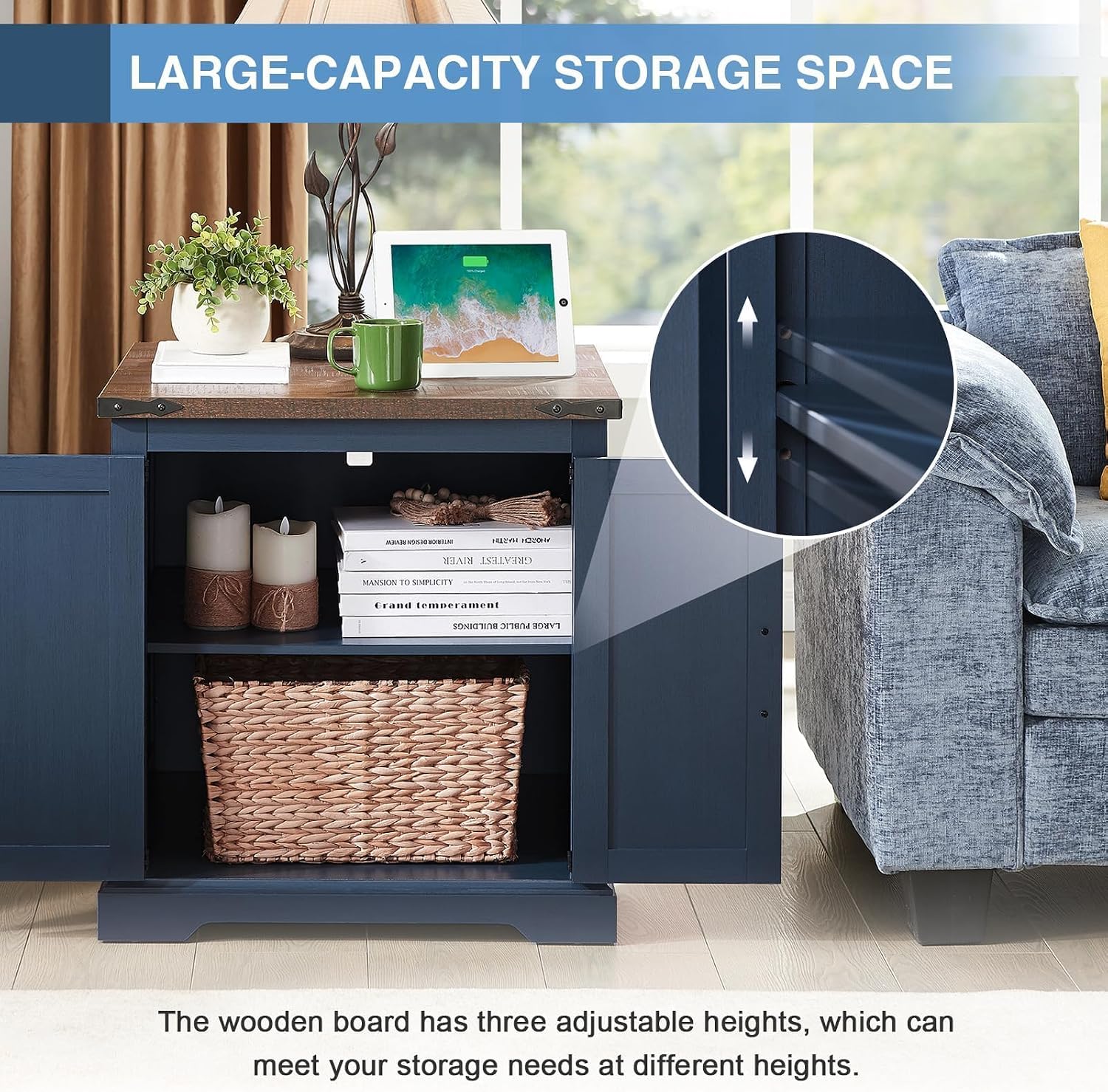 Barnyatoh Farmhouse End Table with Charging Station,24' Large Side Table with Barn Door, Rustic Wood Square Nightstand Bedside Table with Adjustable Storage Shelf for Living Room, Bedroom,Navy Blue