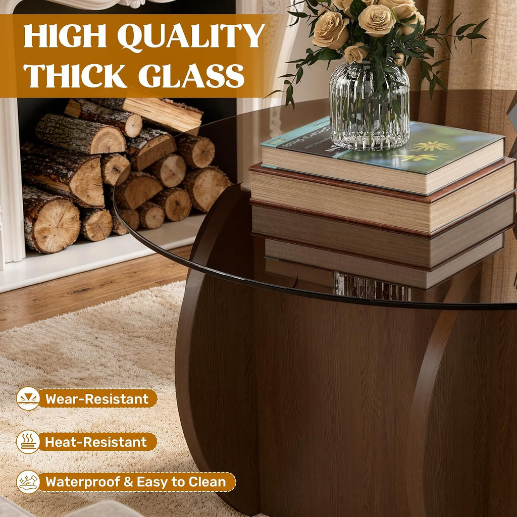 Round Glass Coffee Table, Modern Coffee Table with Glass Top and Wood Base, Minimalist Circle Coffee Table for Living Room, Small Round Coffee Table for Apartment, Office & Lounge, Walnut