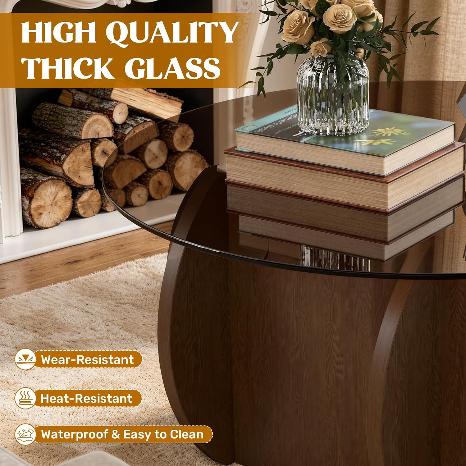 Round Glass Coffee Table, Modern Coffee Table with Glass Top and Wood Base, Minimalist Circle Coffee Table for Living Room, Small Round Coffee Table for Apartment, Office & Lounge, Walnut