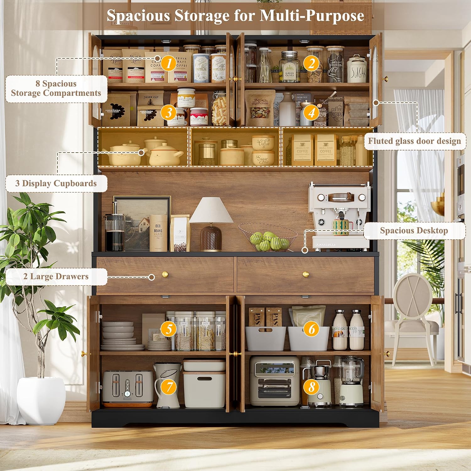 FINETONES 71' Pantry Cabinet, Tall Kitchen Pantry Storage Cabinet with Charging Station, 47.2' Wide Kitchen Hutch Food Storage Cabinets with Open Countertop for Dining Room, Black/Brown