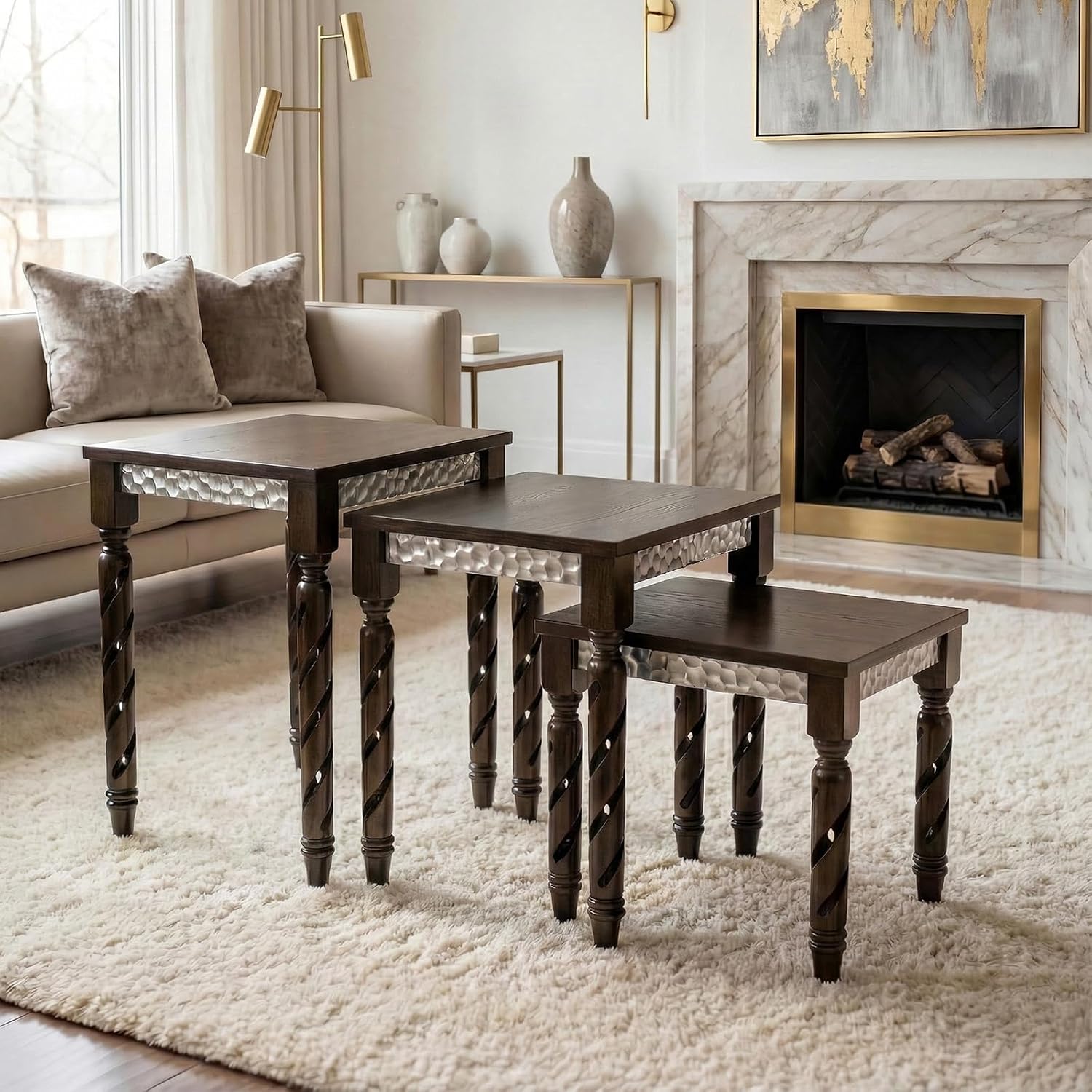 Hyfirm Nesting Tables Set of 3, Walnut Mid Century Modern Accent Tables with Spiral Rubber Wood Legs & Silver Honeycomb Apron, Retro Stackable Side Tables for Living Room, Bedroom & Small Apartments