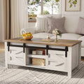 Furmax Coffee Table with Storage and Sliding Barn Doors, Farmhouse Living Room Table with Adjustable Shelves, Wood Rustic Center Table for Home Living Meeting Room (Antique White)