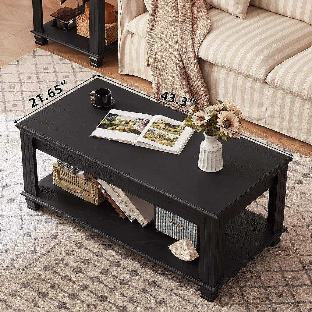 SAVOR LIFE Farmhouse Coffee Tables for Living Room,Square Tea Table with Open Storage Shelf,Large Coffee Table,Rustic Wooden Center Table,Black