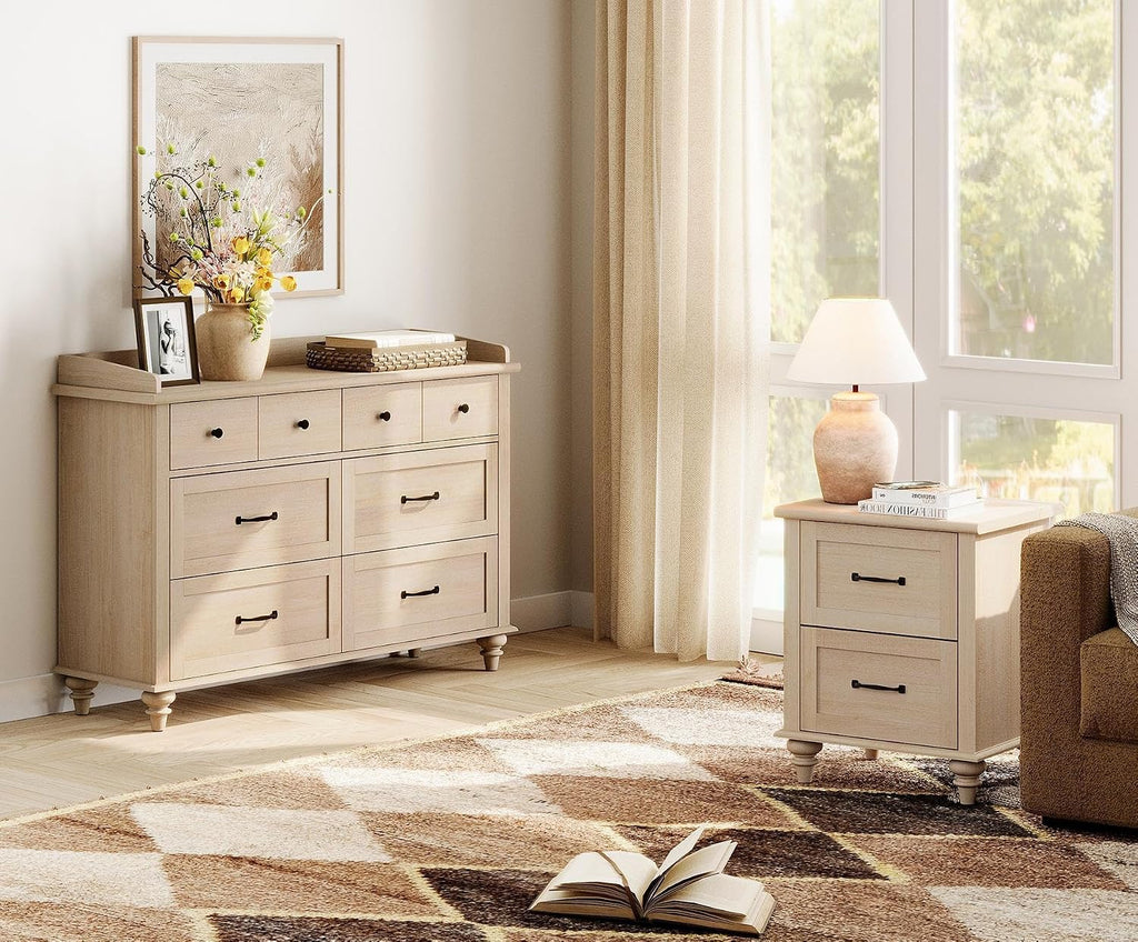 WAMPAT Beige Side Table Nightstand with Charging Station, Wooden End Table with 2 Drawers for Living Room, Mid Century Night Stand Modern Bedside Table for Bedroom, Kids Room