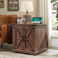 Barnyatoh Farmhouse End Table with Charging Station,24' Large Sofa Side Table with Barn Door, Rustic Wood Square Nightstand Bedside Table with Adjustable Storage Shelf for Living Room, Bedroom,Walnut
