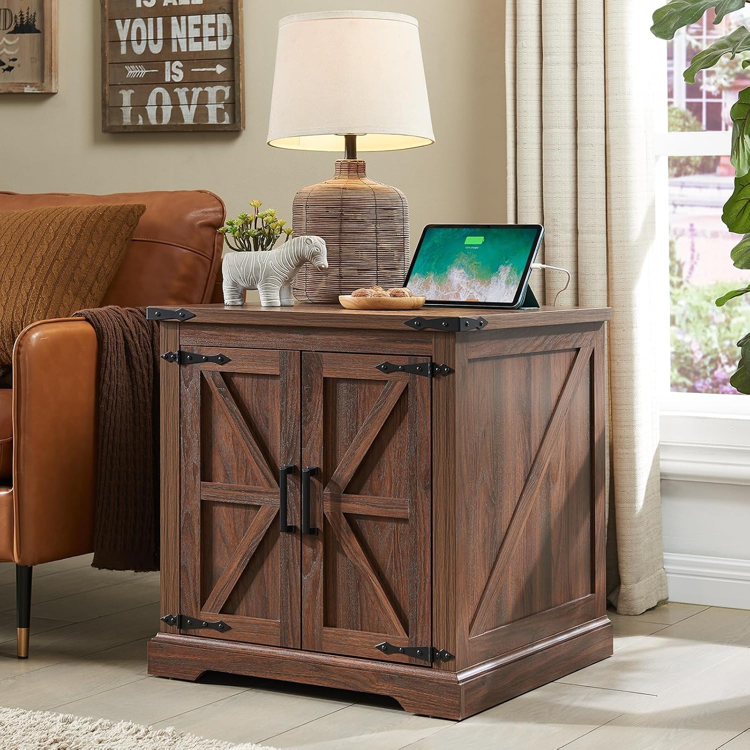 Barnyatoh Farmhouse End Table with Charging Station,24' Large Sofa Side Table with Barn Door, Rustic Wood Square Nightstand Bedside Table with Adjustable Storage Shelf for Living Room, Bedroom,Walnut