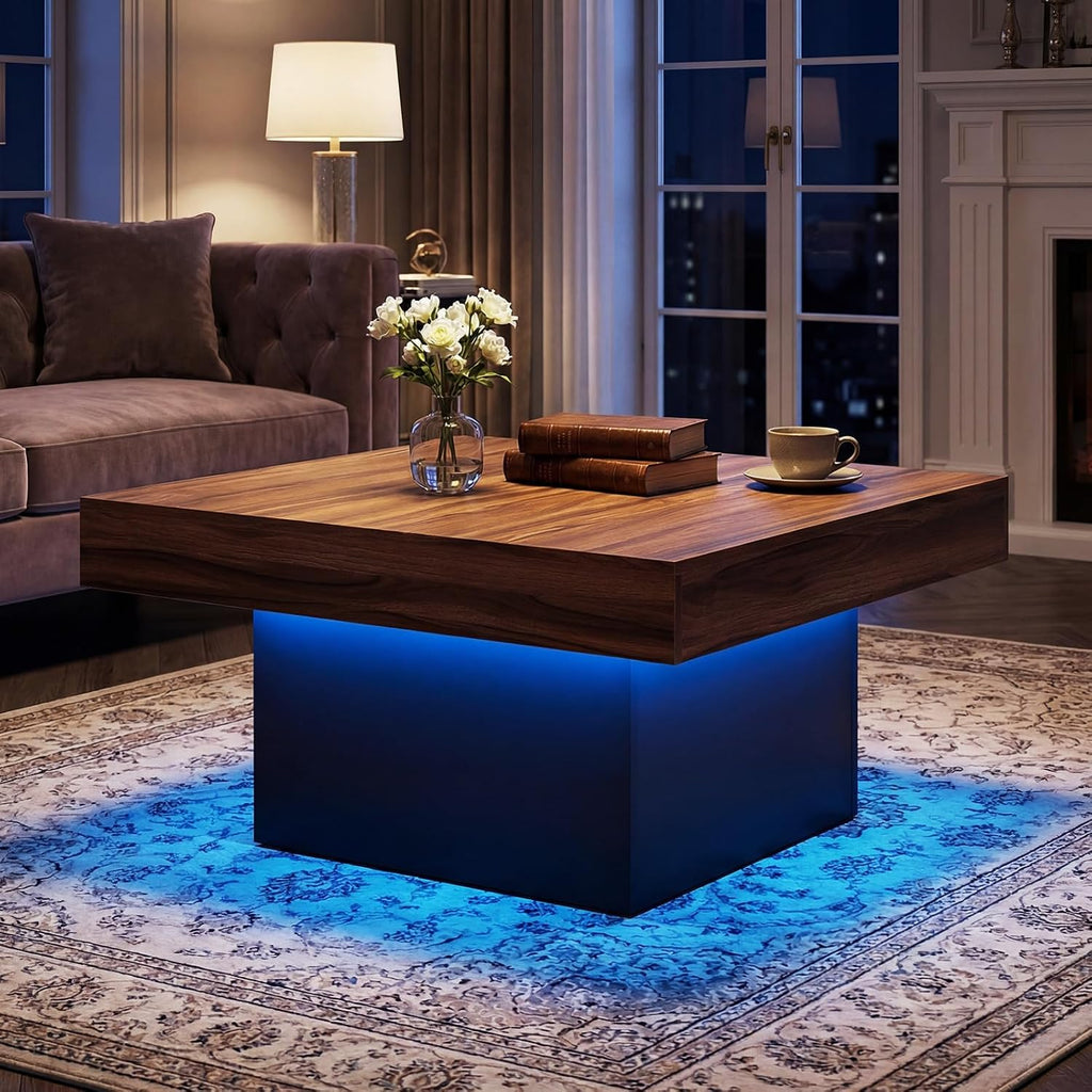 GOFLAME LED Coffee Table for Living Room, 35.5' Square Center Table with Storage, Adjustable Light Colors, Speed & Brightness, Remote Control, Farmhouse, Wooden Accent Tea Tables (Rustic Brown)