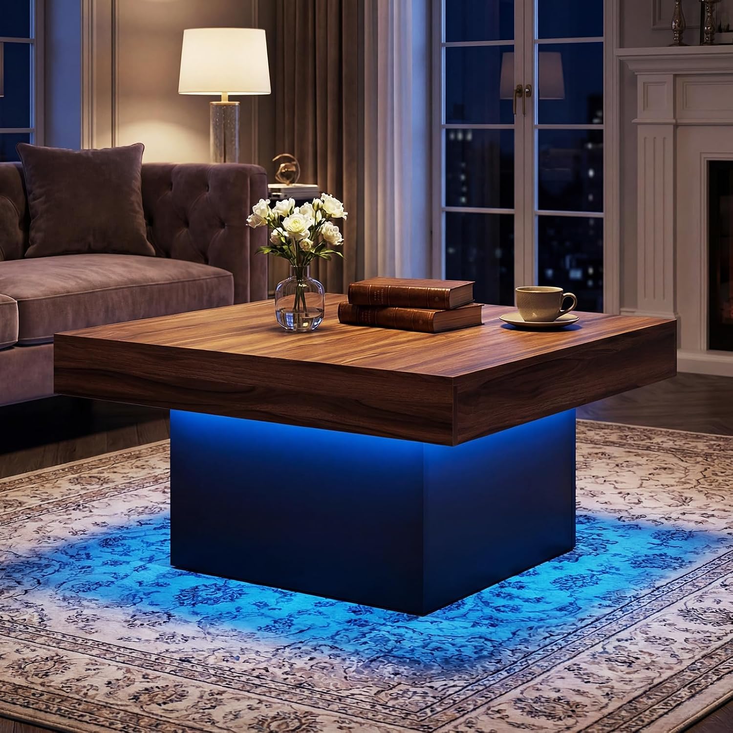 GOFLAME LED Coffee Table for Living Room, 35.5' Square Center Table with Storage, Adjustable Light Colors, Speed & Brightness, Remote Control, Farmhouse, Wooden Accent Tea Tables (Rustic Brown)